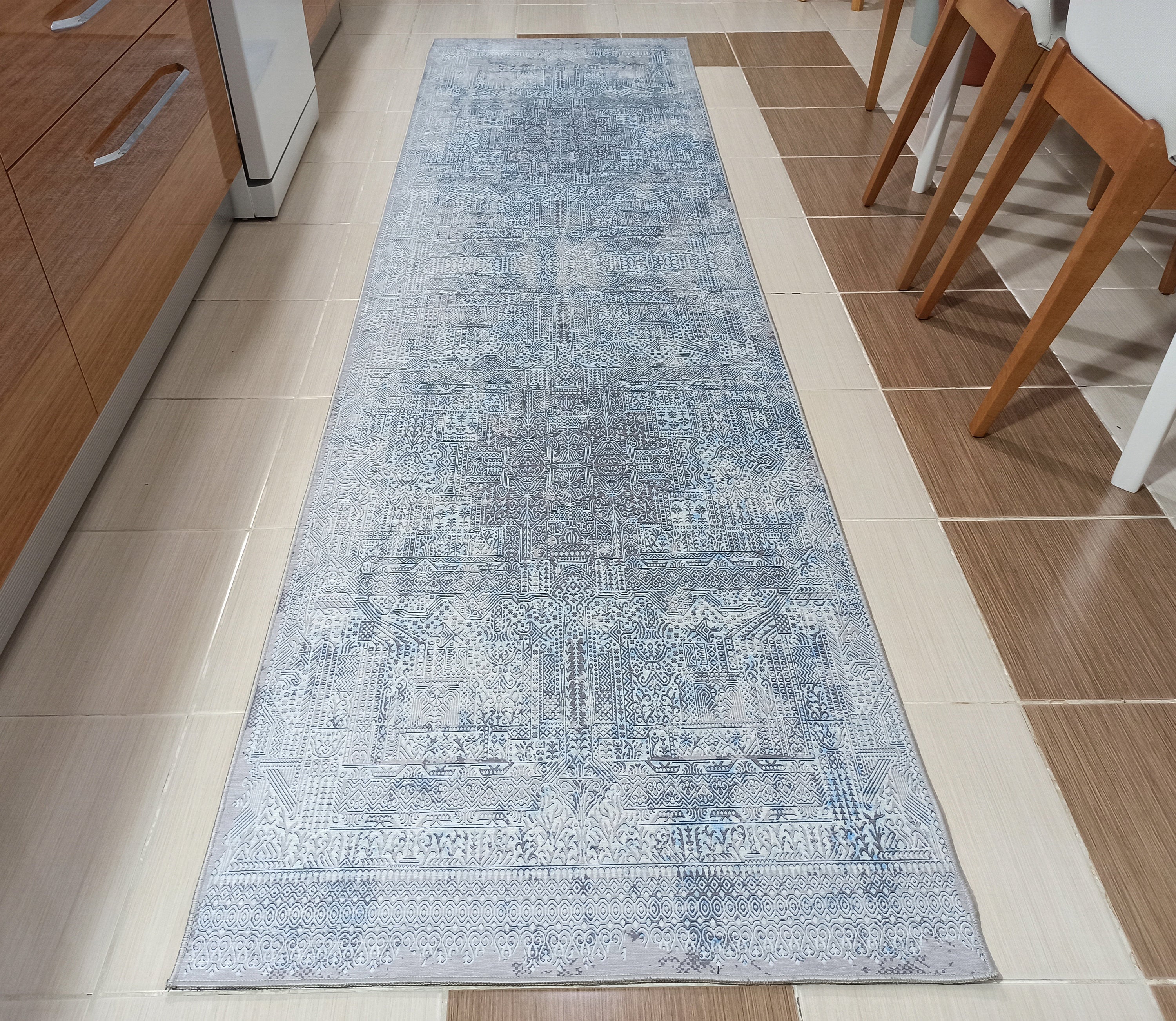 Pana Runner Turkish Distressed Gray Light Blue White Rug