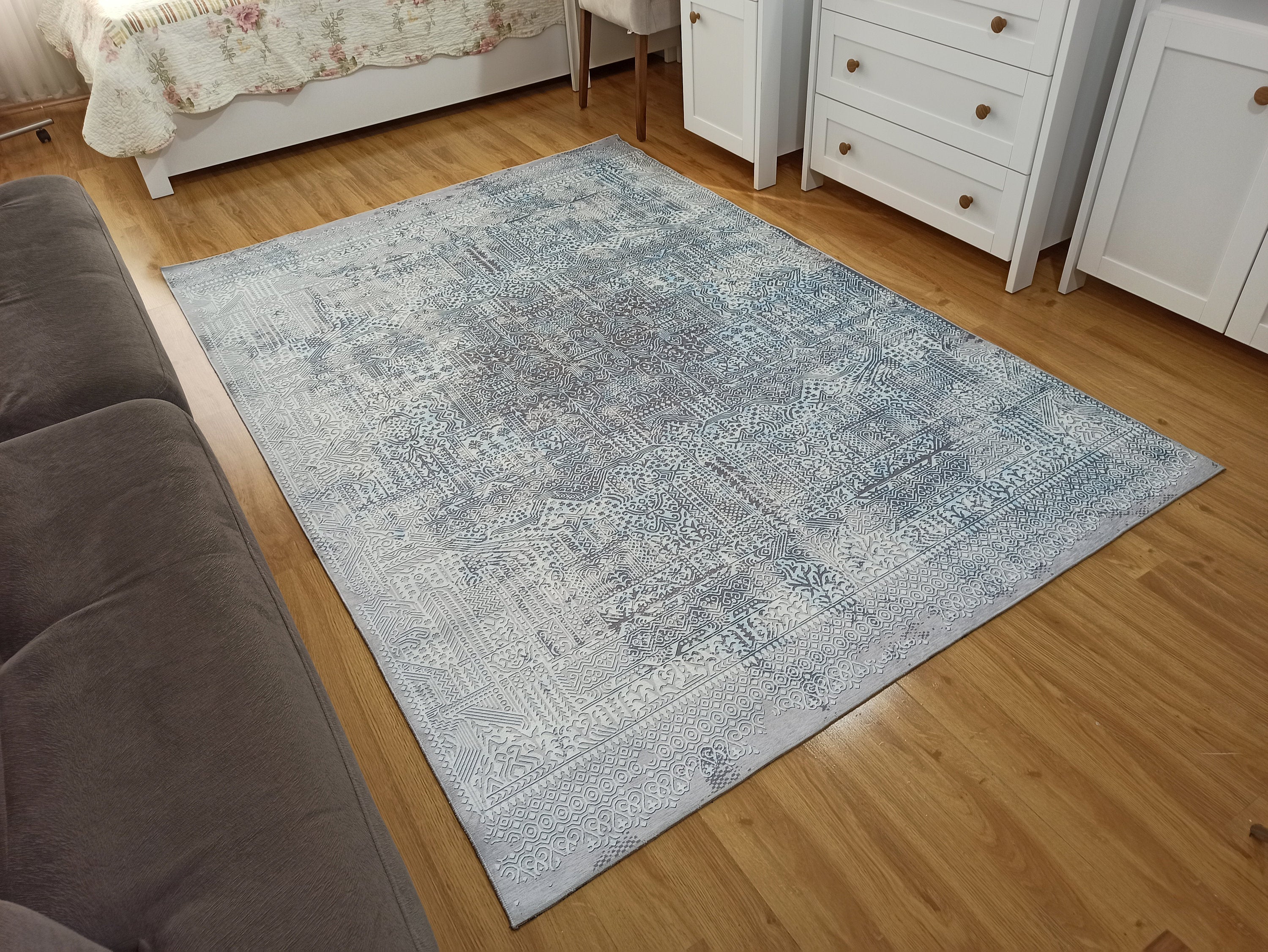 Pella Turkish Distressed Gray Light Blue White Rug