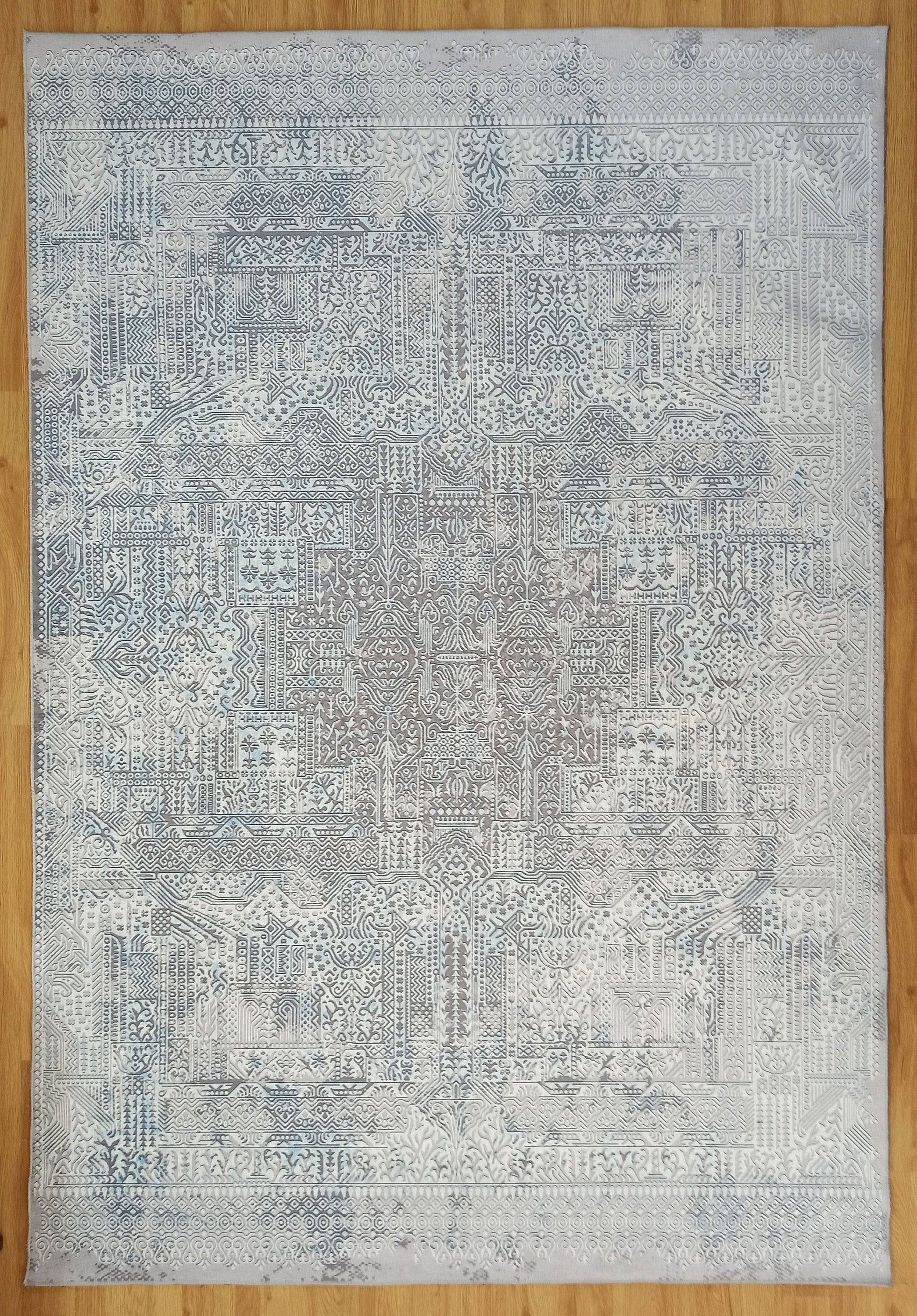 Pella Turkish Distressed Gray Light Blue White Rug