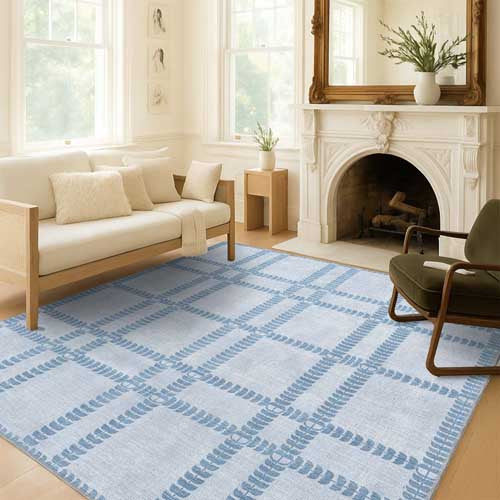 Living room with a blue checkered rug, white sofa, and fireplace. Provence Rugs - Fame Rugs