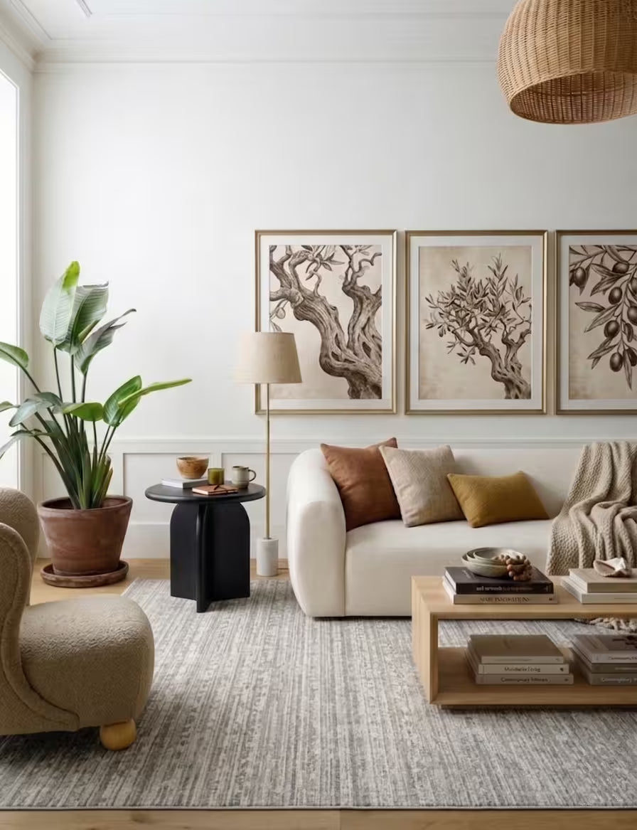 A styled living room interior featuring a cream sofa with brown and mustard pillows, a light wood coffee table, a textured area rug, a potted plant, and three framed botanical art prints on the wall. Fame Rugs.