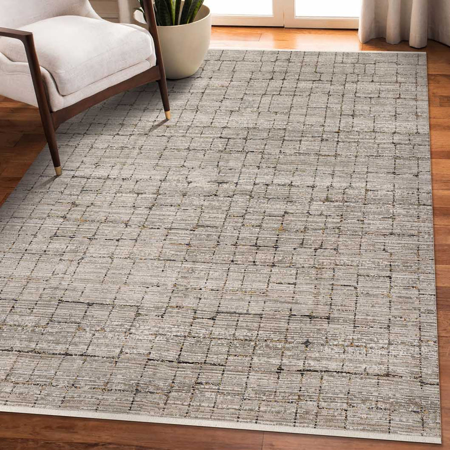 Mink & Grey Modern Geometric Grid Rug