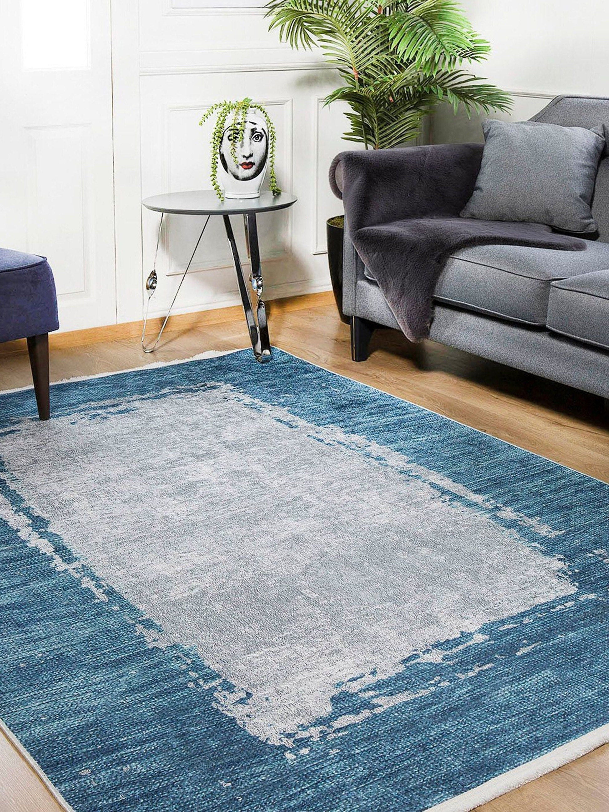 Rama Abstract Blue Border Gray Rug
