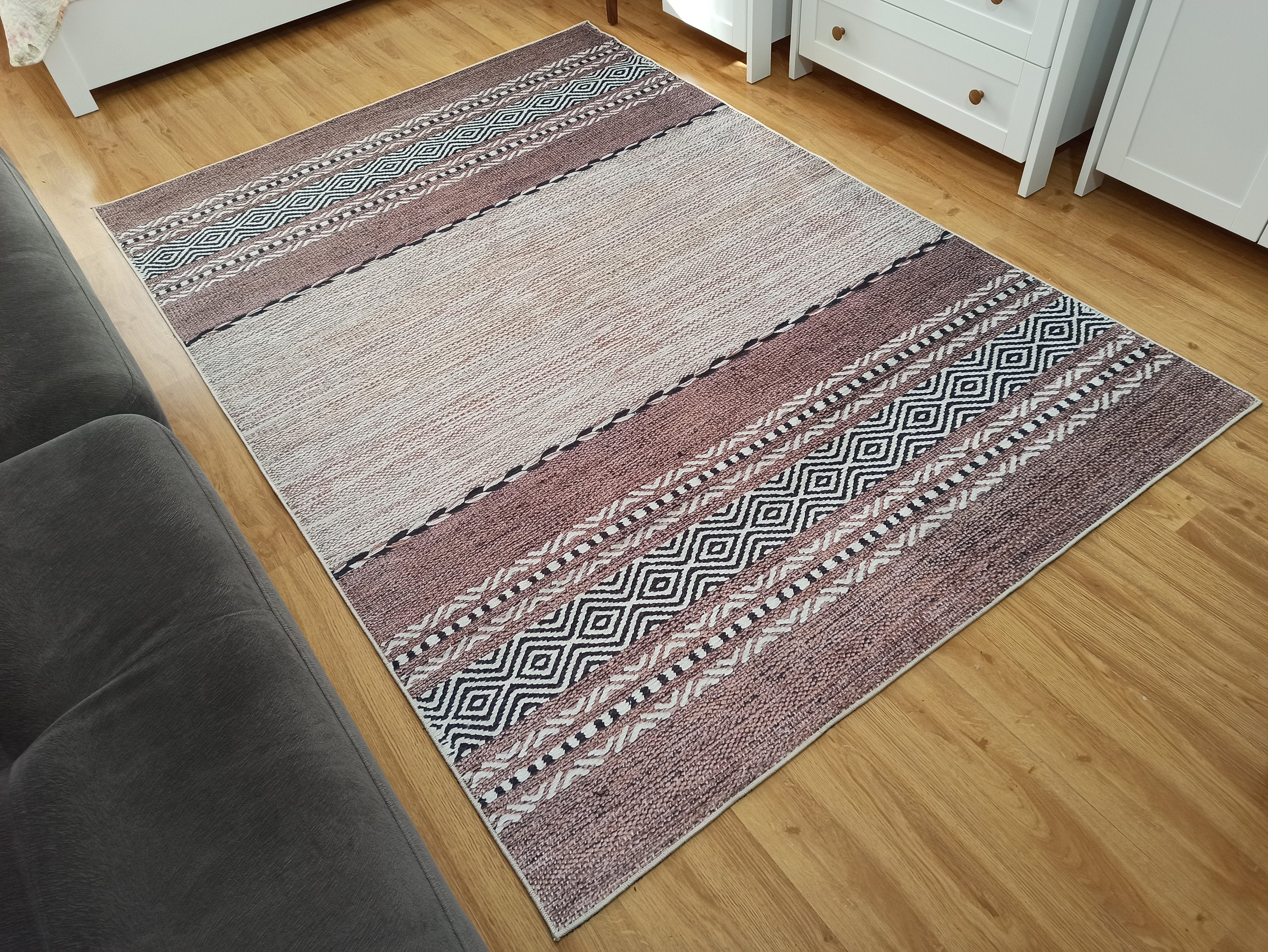 Rana Rug Kilim Design Brown Beige Striped Rug