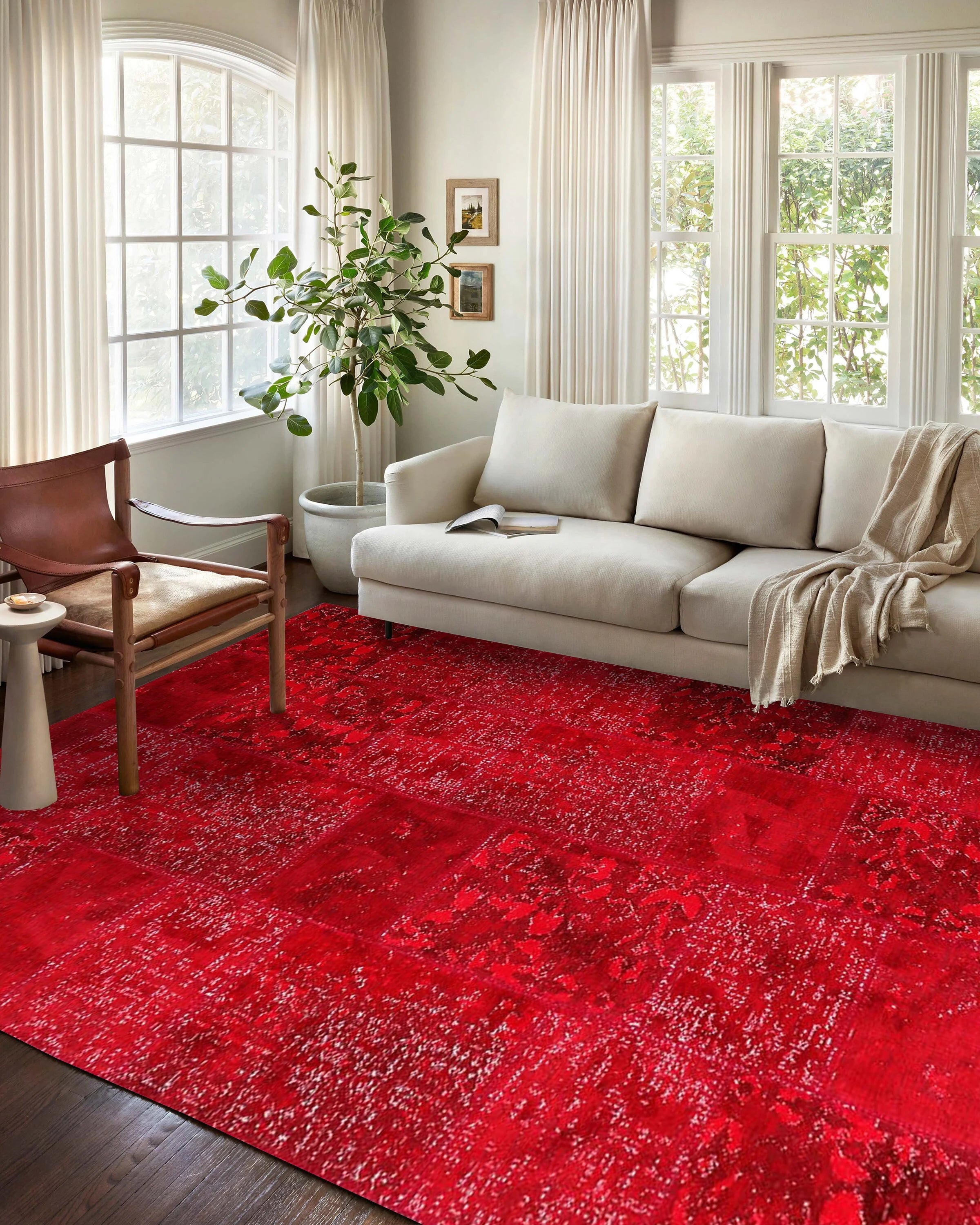 Zelia Red Distressed Patchwork Vintage Rug