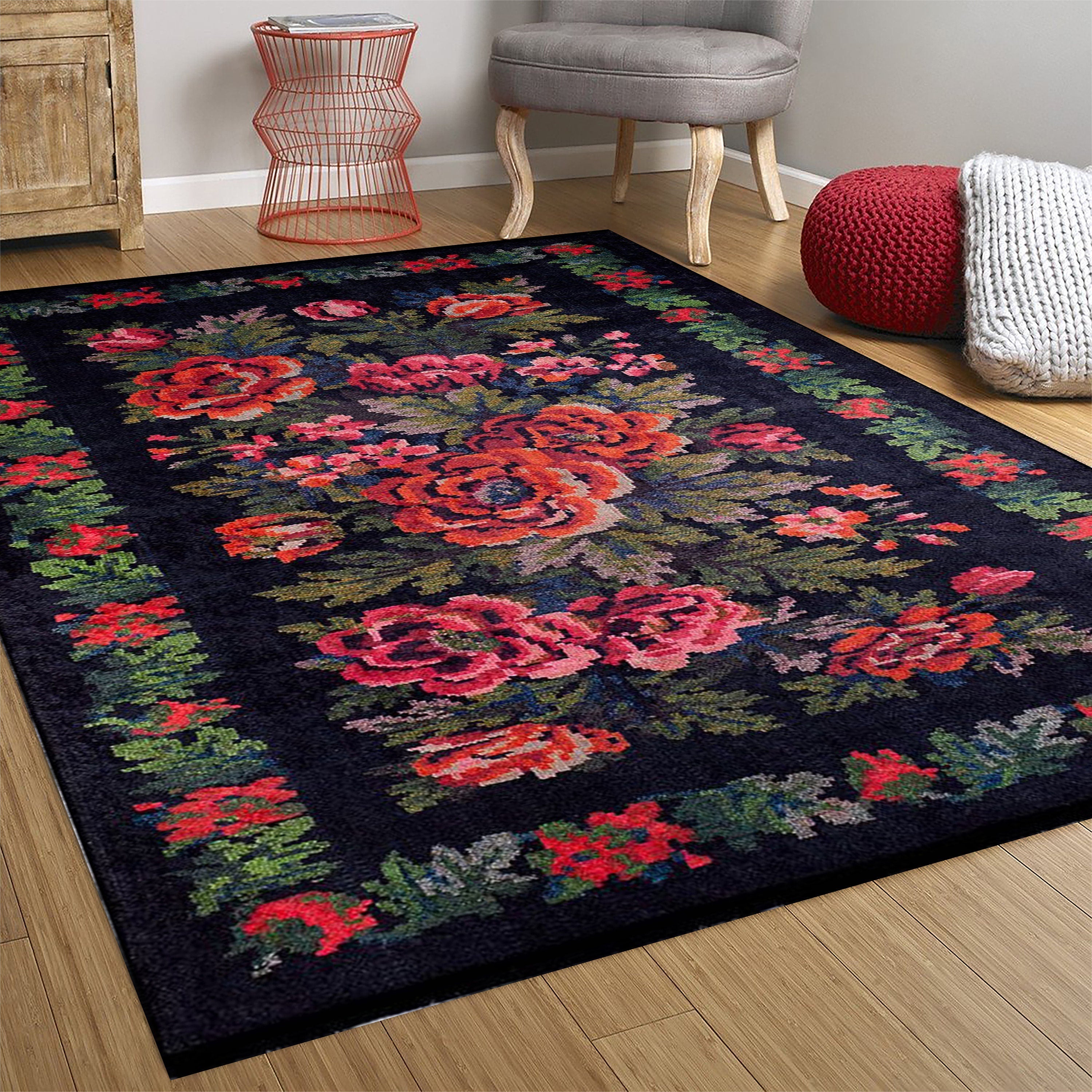 Rosia Rose Black Karabagh Floral Kilim Rug