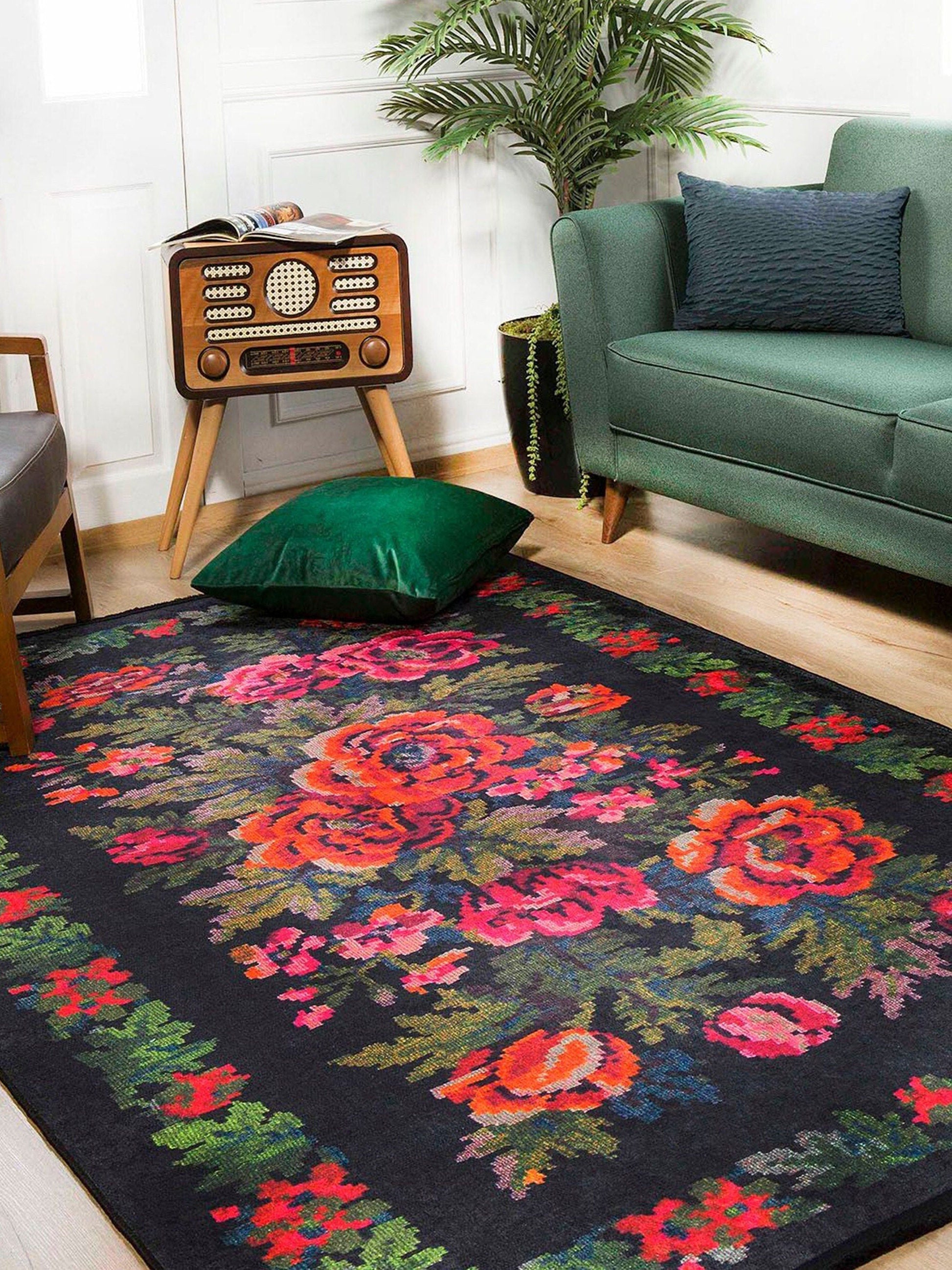 Rosia Rose Black Karabagh Floral Kilim Rug