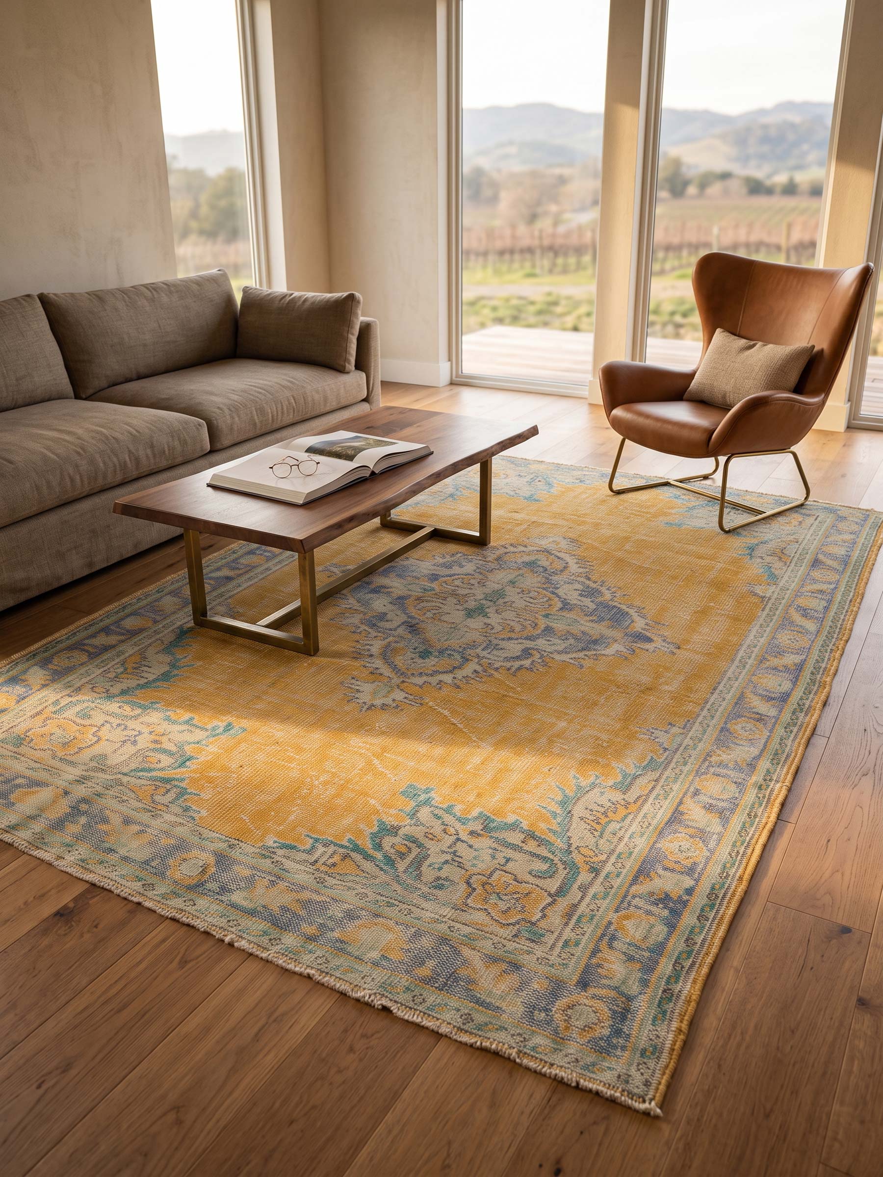 A large traditional-style area rug in mustard yellow, blue, and beige tones, styled in a modern living room with a brown leather sofa, a wooden coffee table, and a brown armchair near large windows overlooking a vineyard.