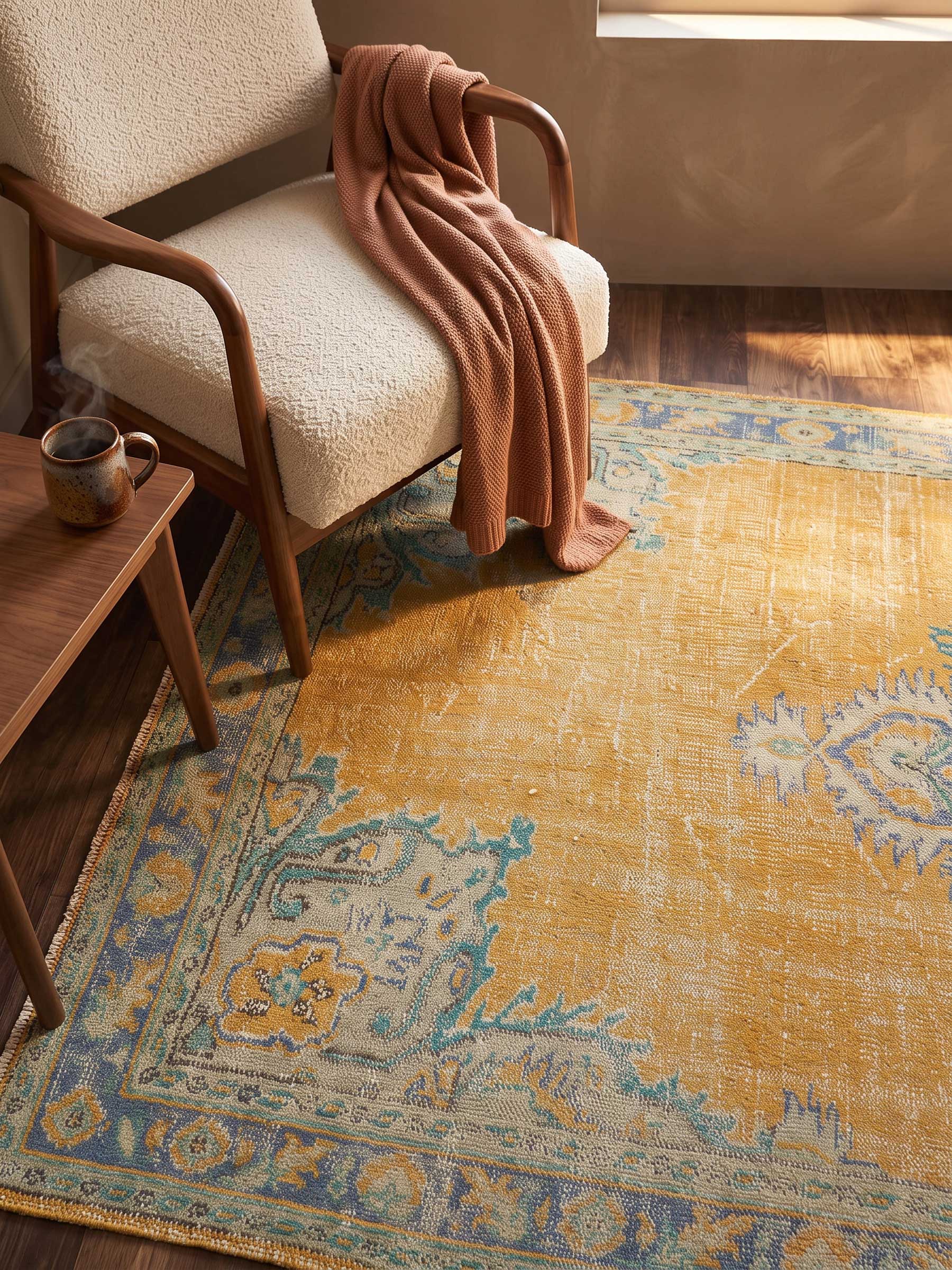 A styled interior scene showing a large vintage-style area rug in mustard yellow, blue, and beige tones, with a cream boucle armchair, a rust-colored throw blanket, and a small wooden side table with a mug.