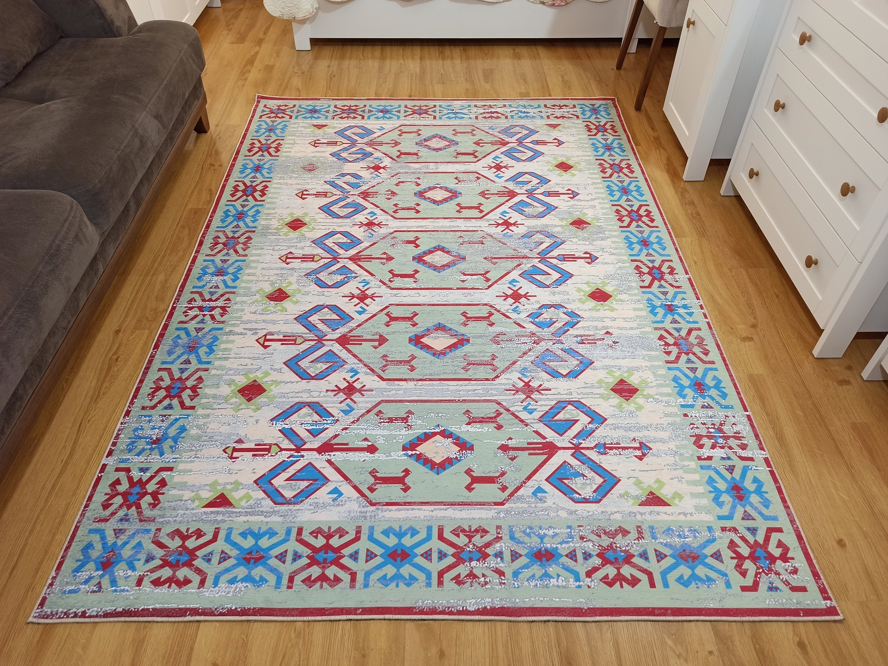 Sama Rug Turkish Faded Beige Red Green Blue Rug