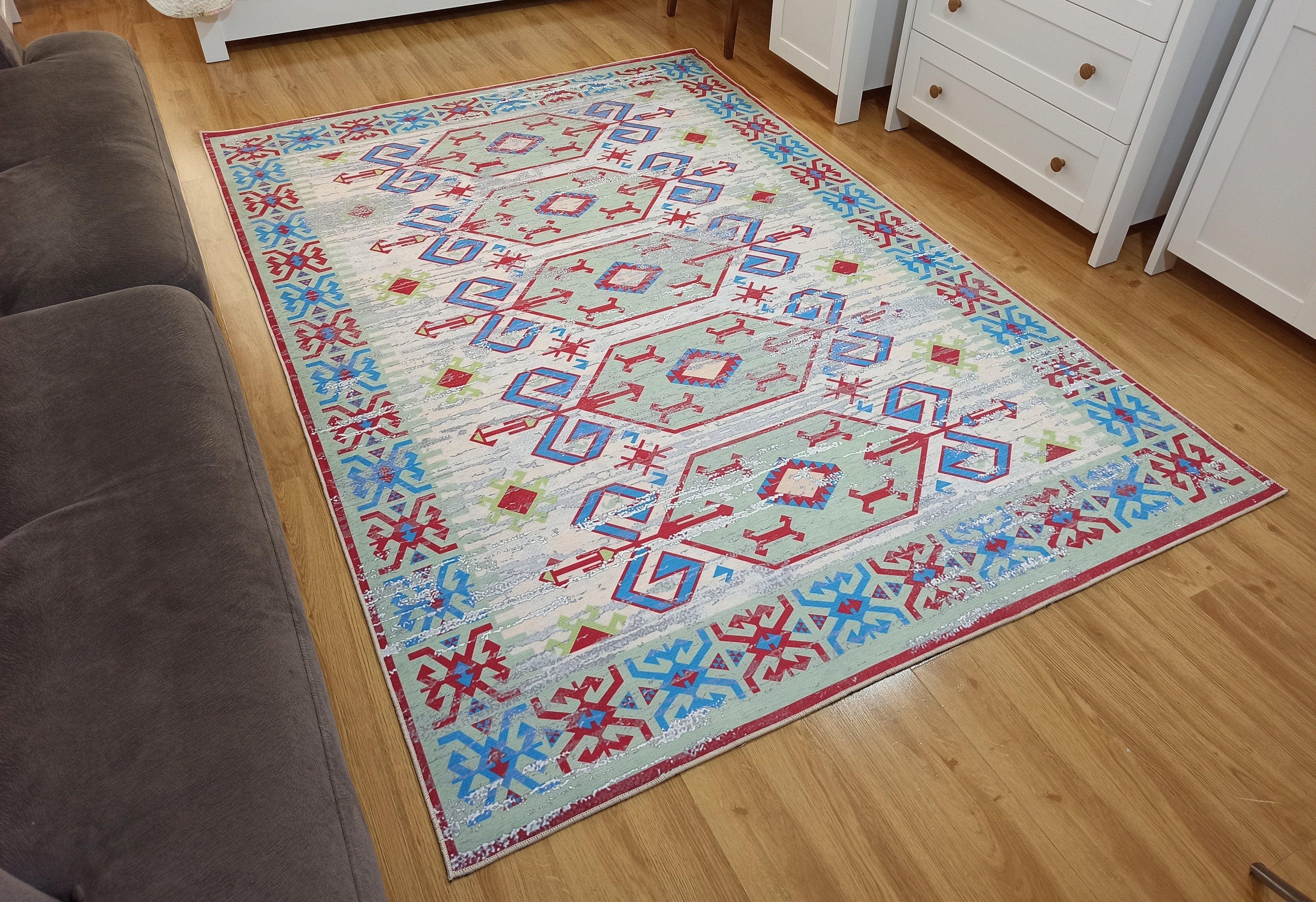Sama Rug Turkish Faded Beige Red Green Blue Rug