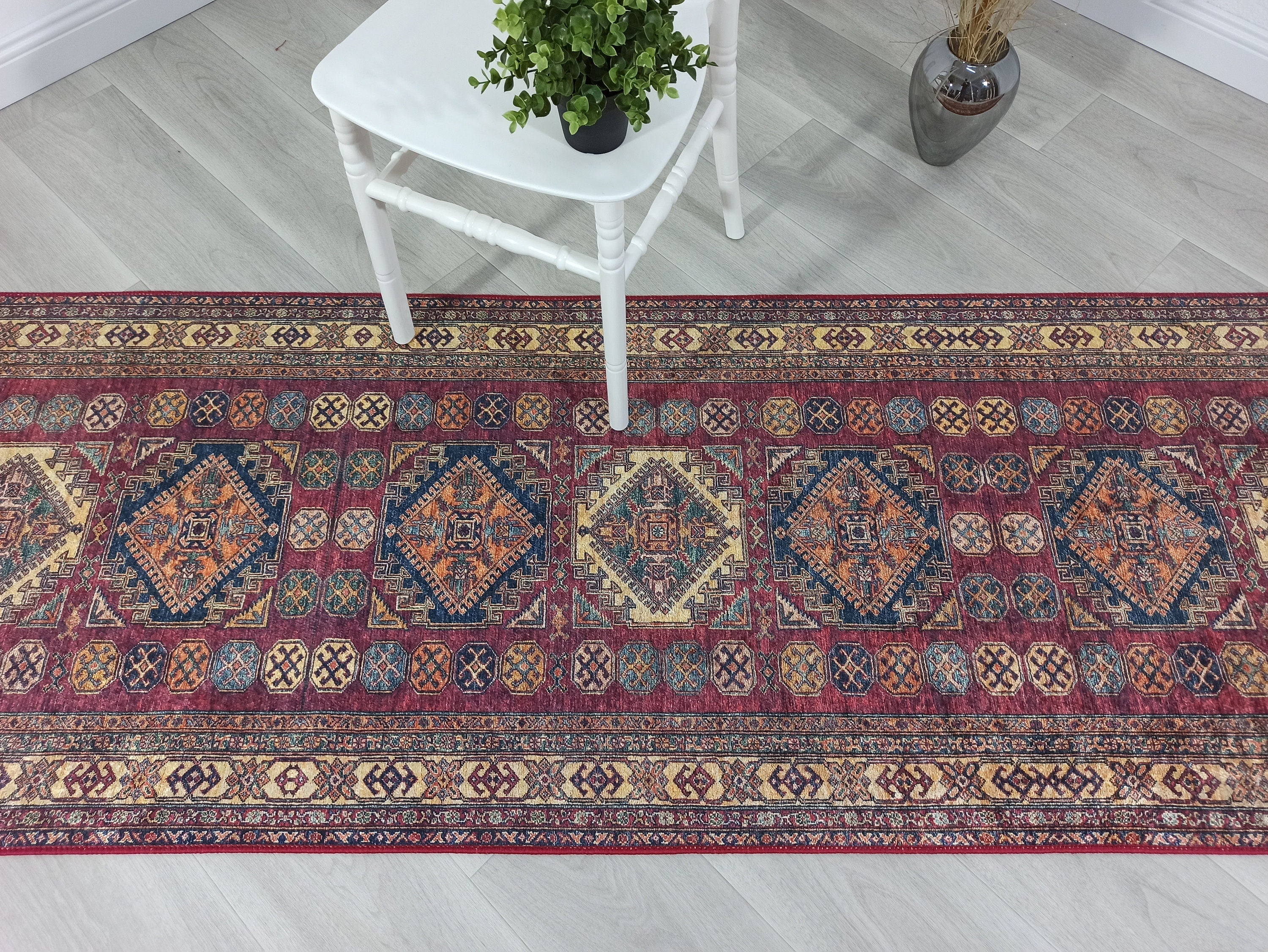 San-Runner Turkish Burgundy Dark Red Runner Rug
