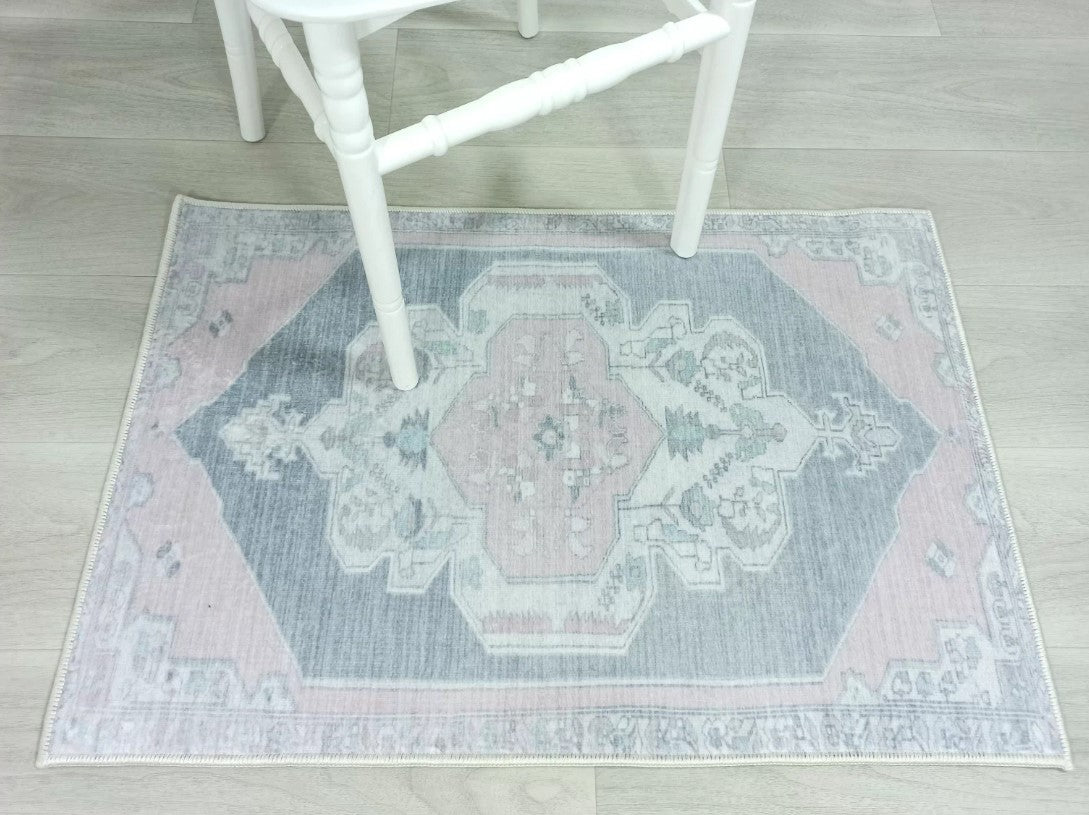 Turkish Rug, Gray Light Pink Ivory Vintage Oushak Geometric Area Rugs