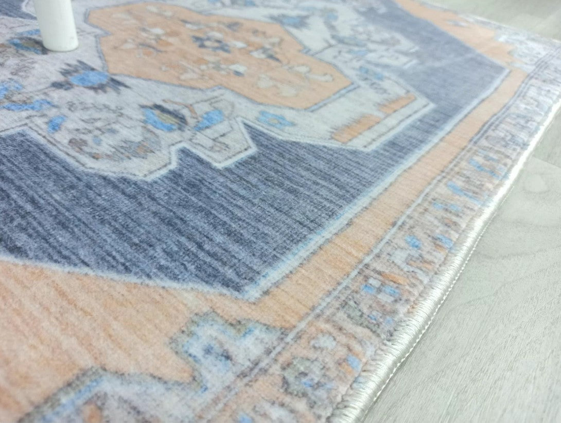 Turkish Rug, Blue Pale Orange Vintage Oushak Geometric Area Rugs