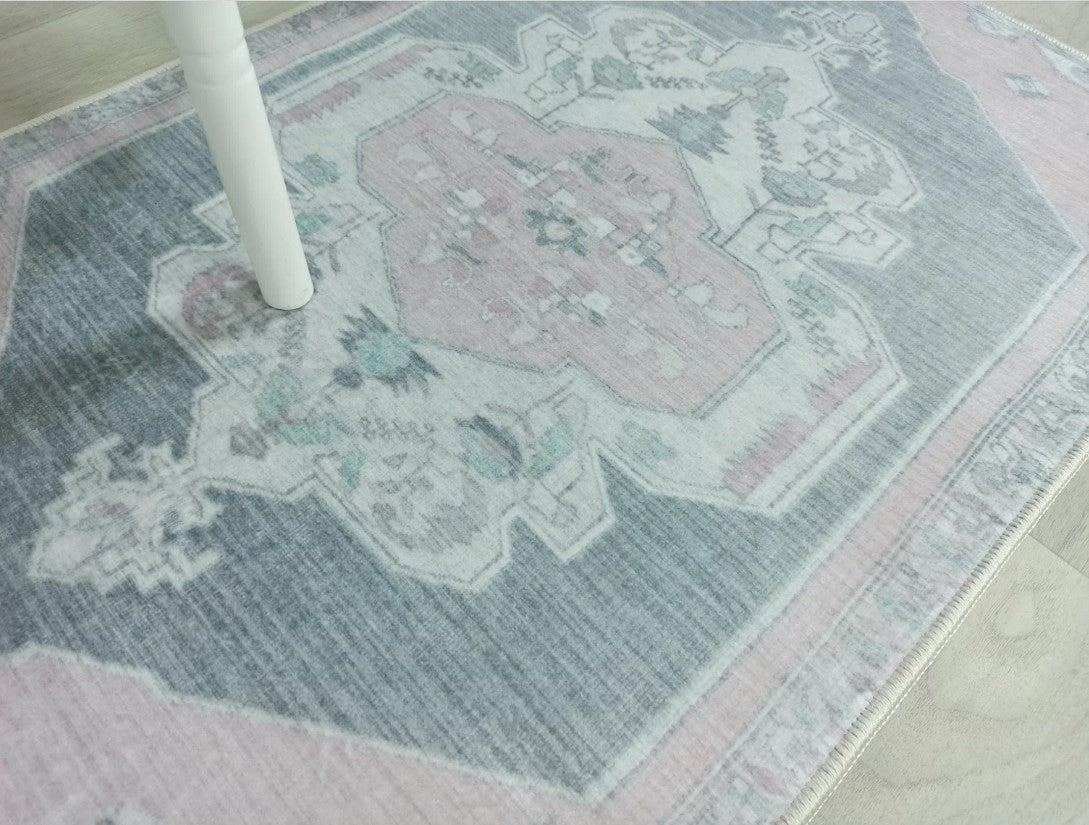 Turkish Rug, Gray Light Pink Ivory Vintage Oushak Geometric Area Rugs