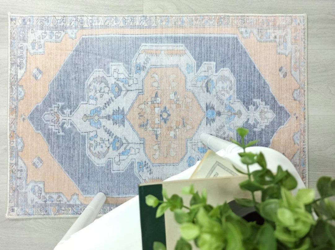 Turkish Rug, Blue Pale Orange Vintage Oushak Geometric Area Rugs