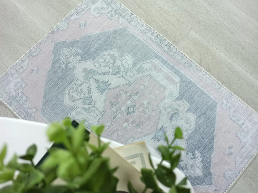 Turkish Rug, Gray Light Pink Ivory Vintage Oushak Geometric Area Rugs