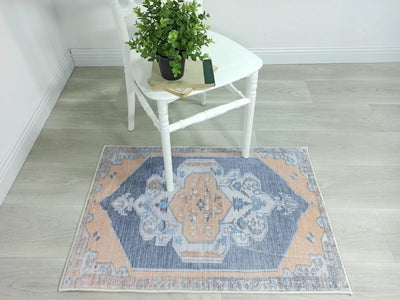 Turkish Rug, Blue Pale Orange Vintage Oushak Geometric Area Rugs