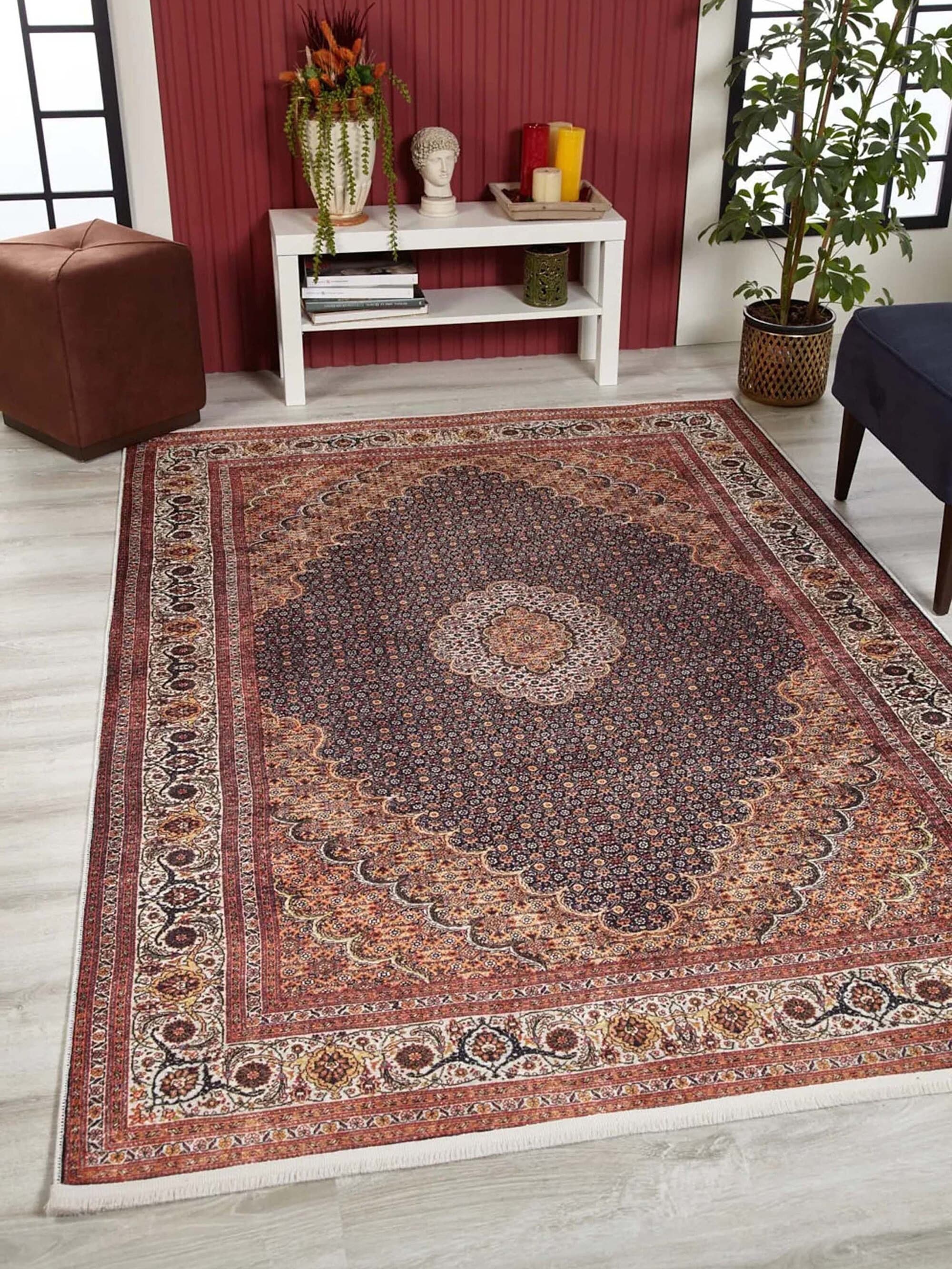 Seda Persian Red Beige Dark Navy Blue Rug