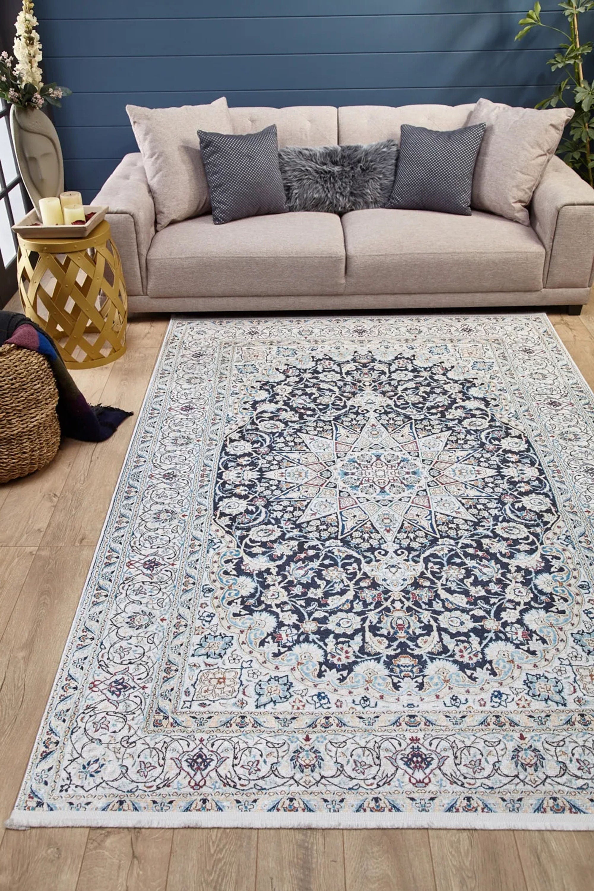 Sidla Turkish White Navy Blue Rug