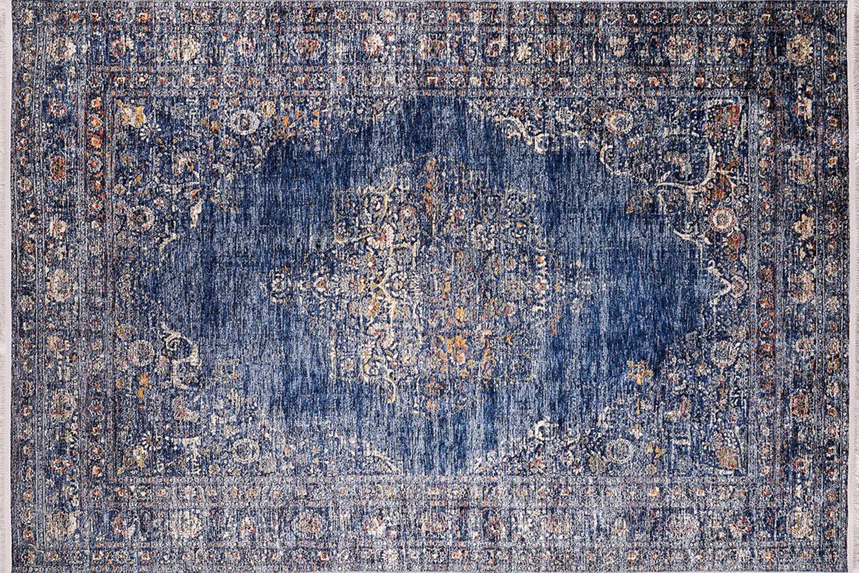 Sira Turkish Navy Blue Beige Vintage Rug