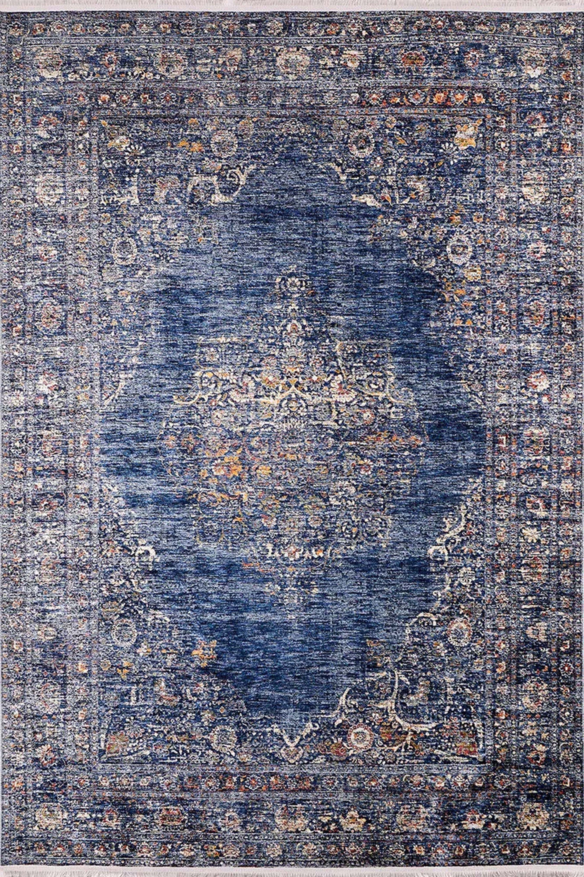 Sira Turkish Navy Blue Beige Vintage Rug