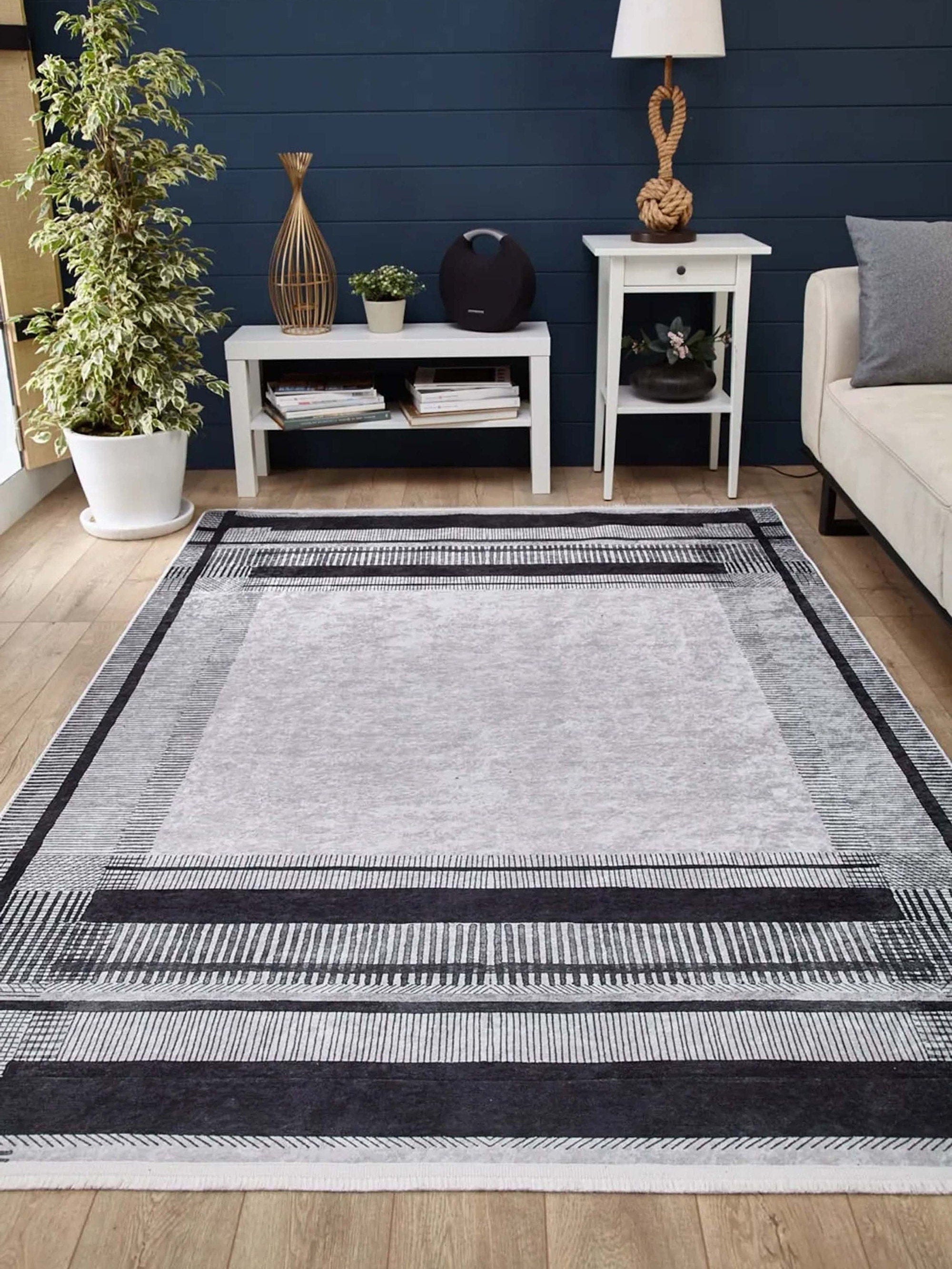 Solla Solid Beige Gray Rug Striped Border Rug