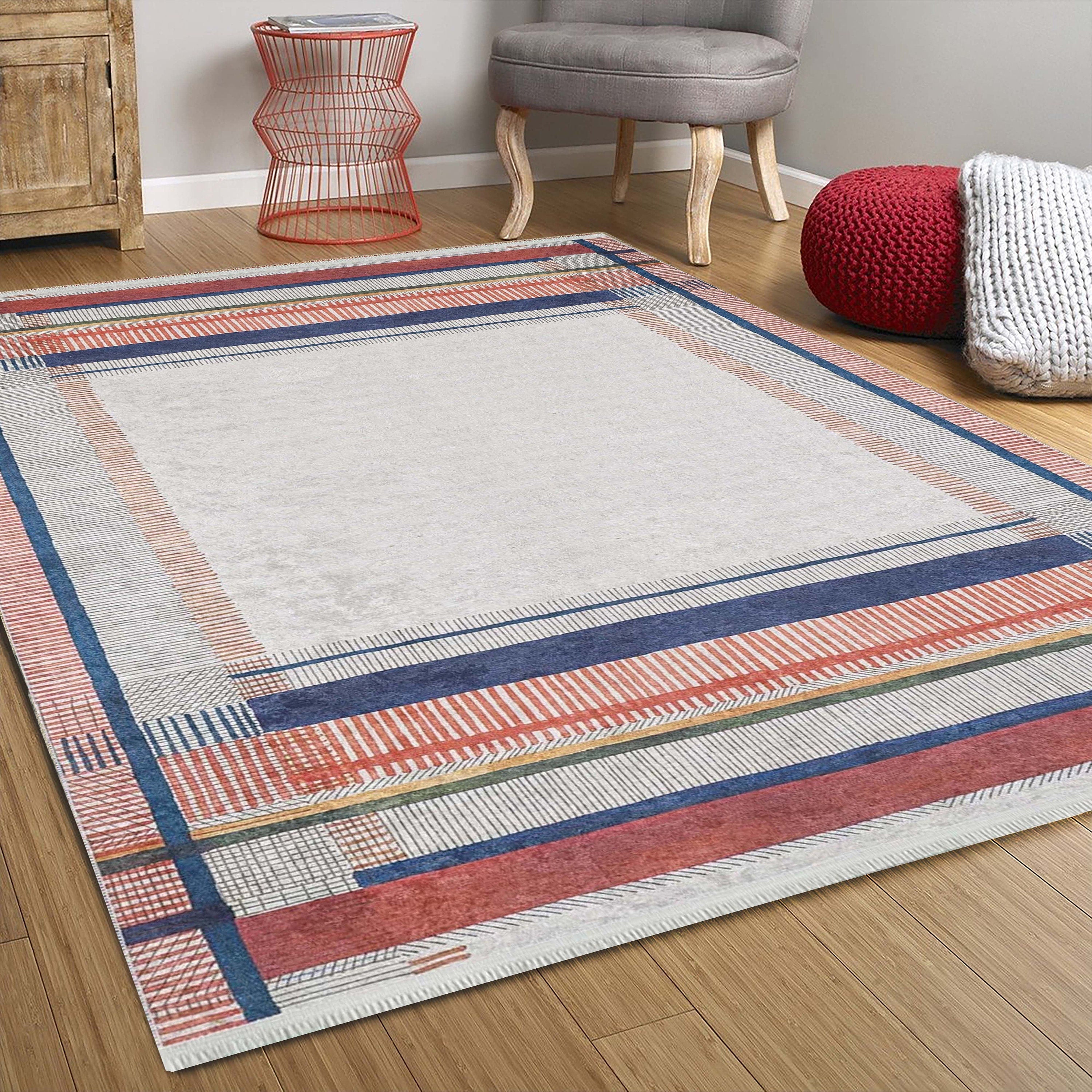 Solla Solid Beige Gray Rug Striped Border Rug