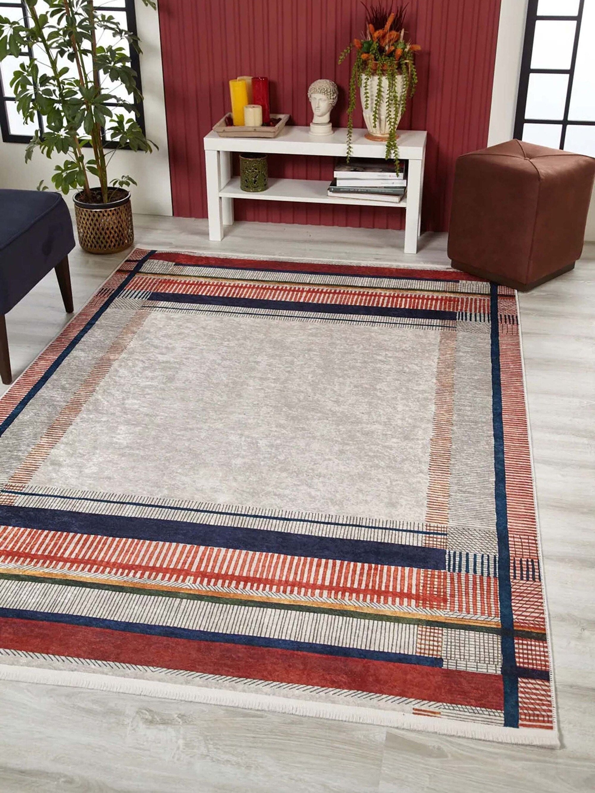 Solla Solid Beige Gray Rug Striped Border Rug