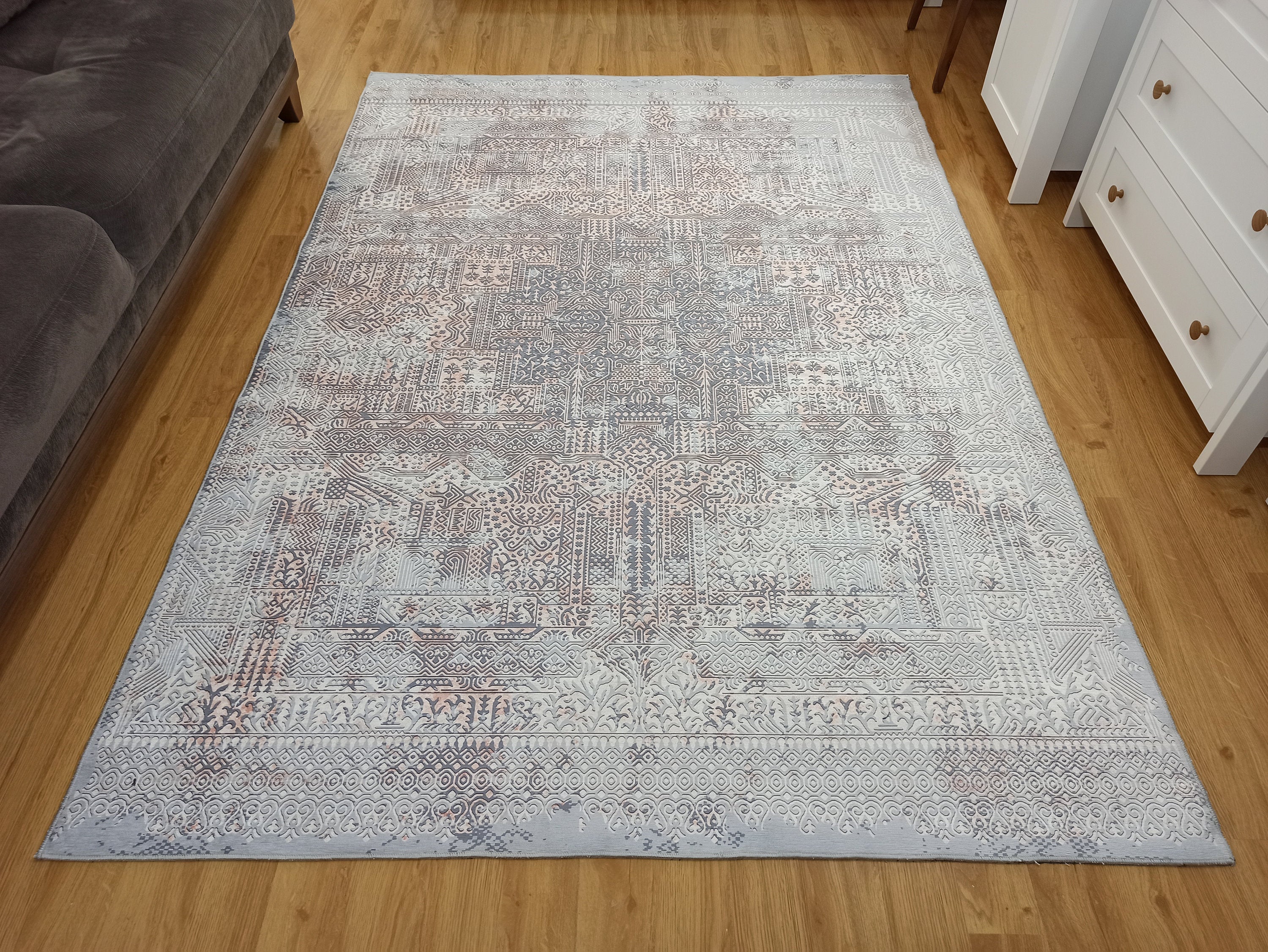 Taka Gray, White and Blush Modern Geometric Rug