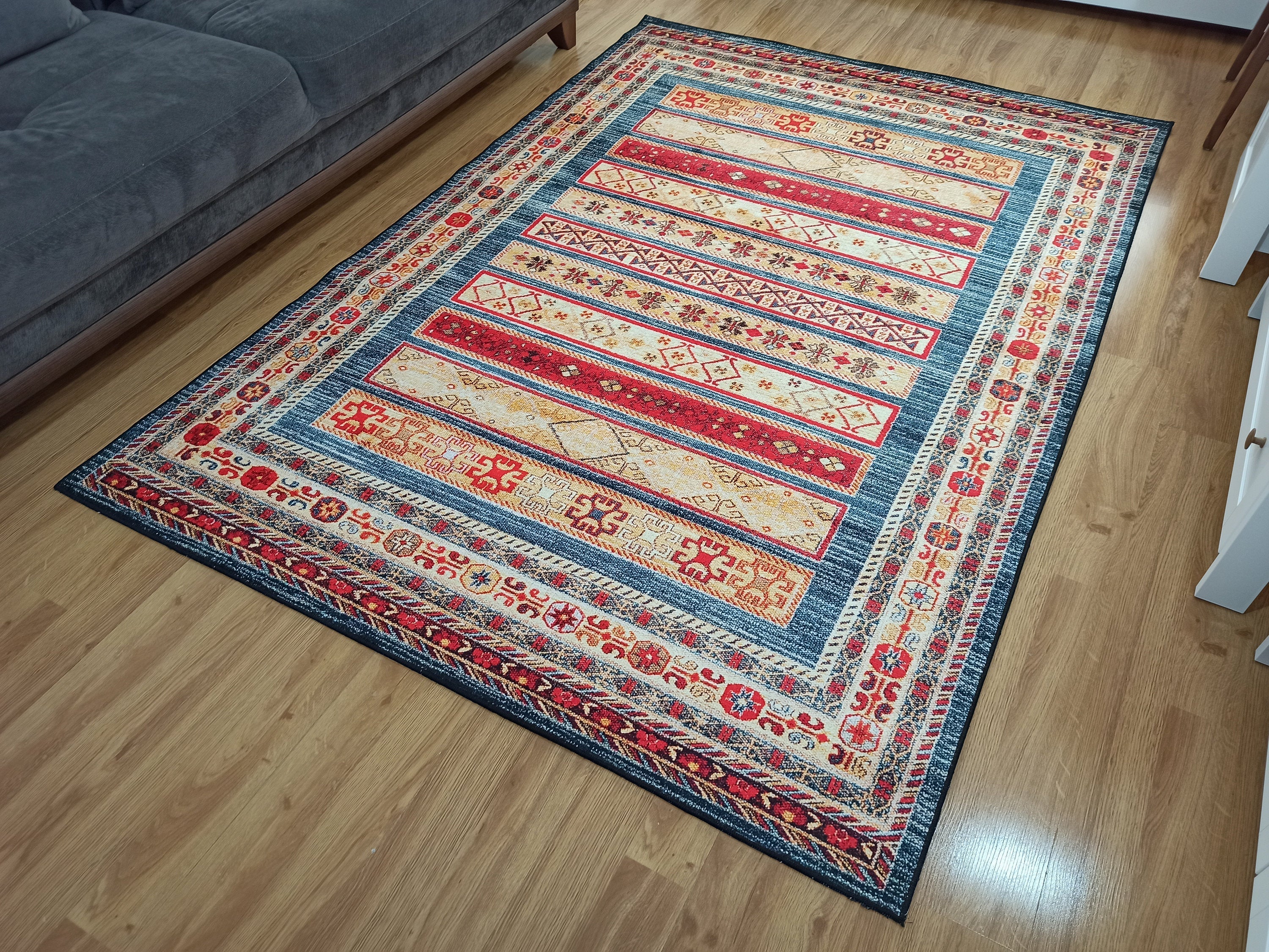 Tala Rug Beige Blue Coral Red Lined Rug
