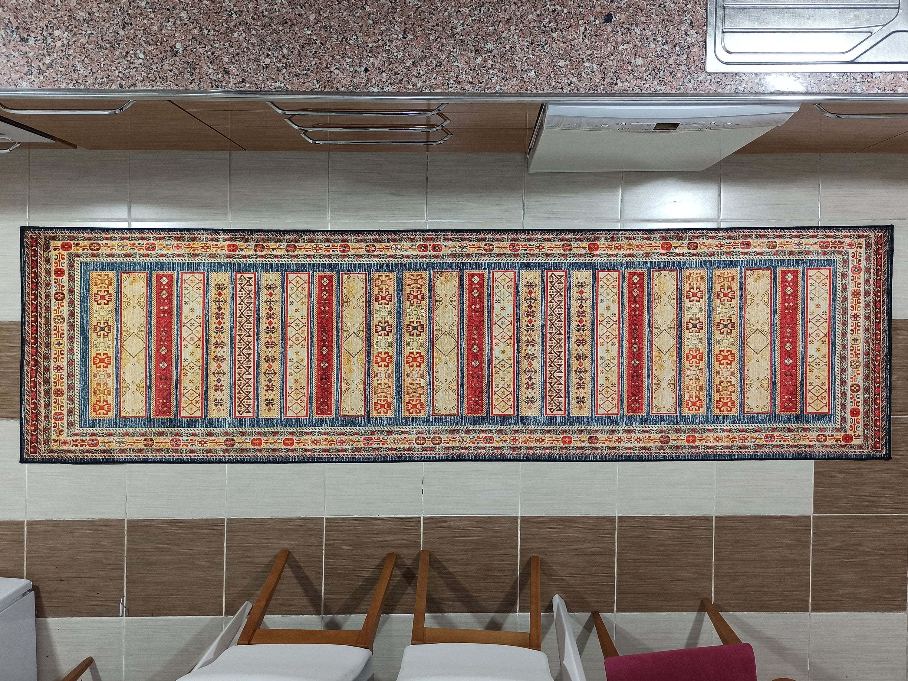 Tala Rug Beige Blue Coral Red Lined Rug