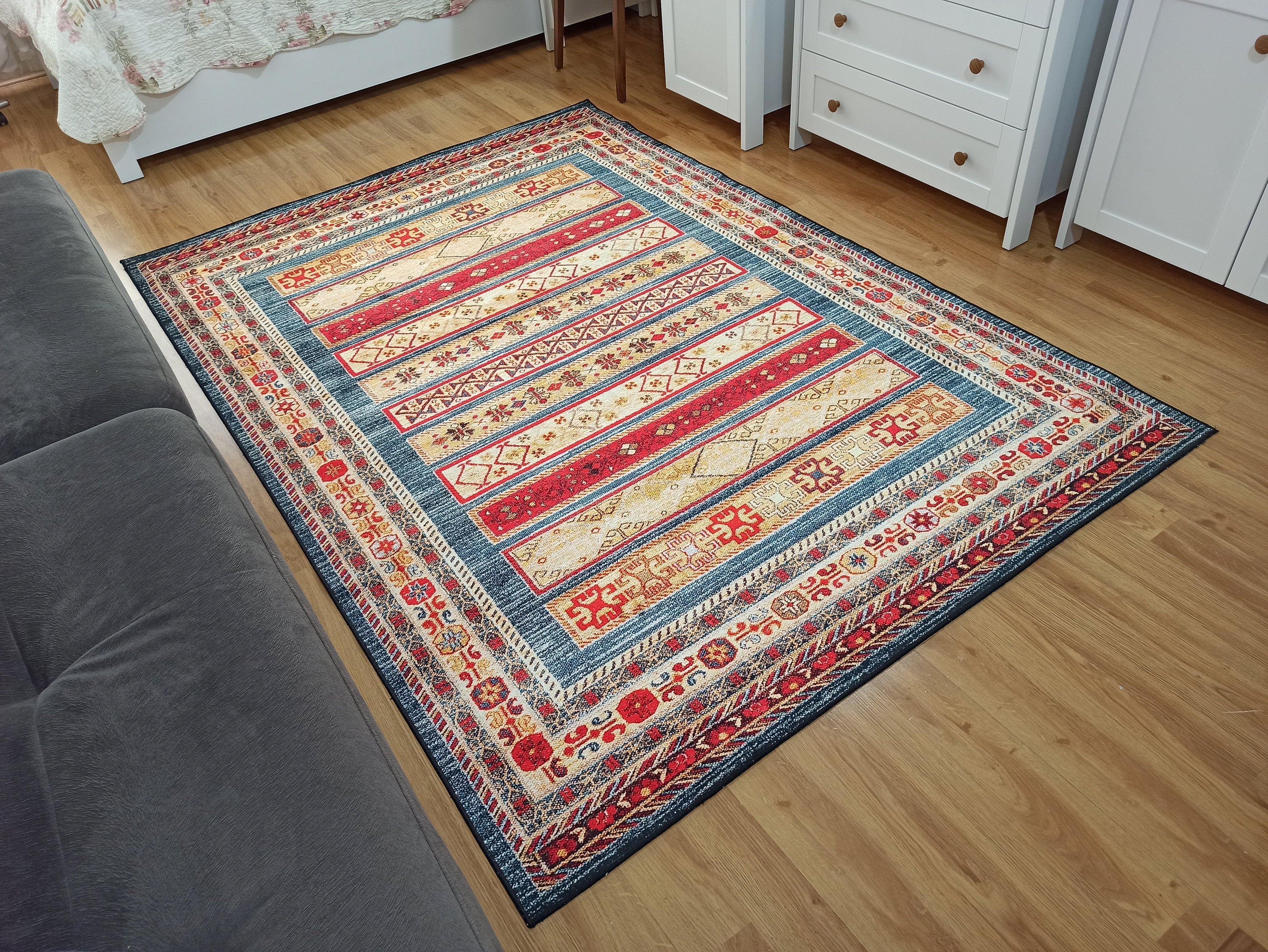 Tala Rug Beige Blue Coral Red Lined Rug