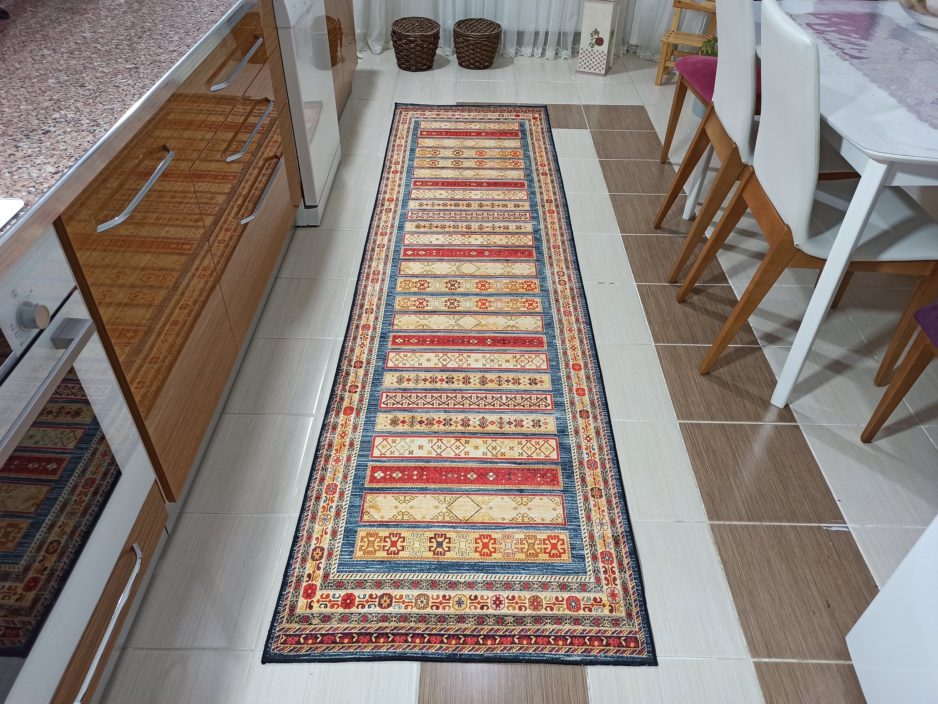 Tala Rug Beige Blue Coral Red Lined Rug