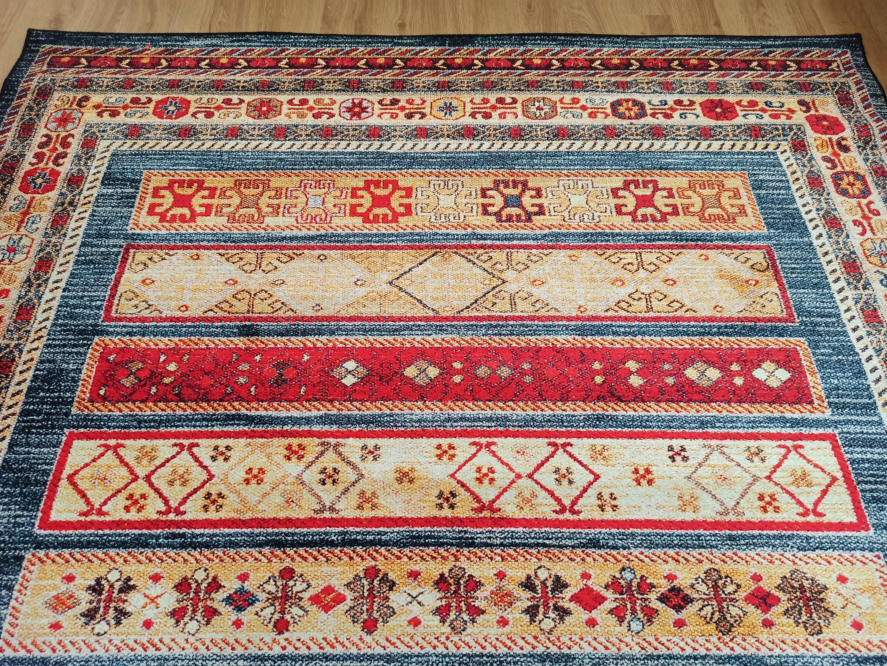 Tala Rug Beige Blue Coral Red Lined Rug