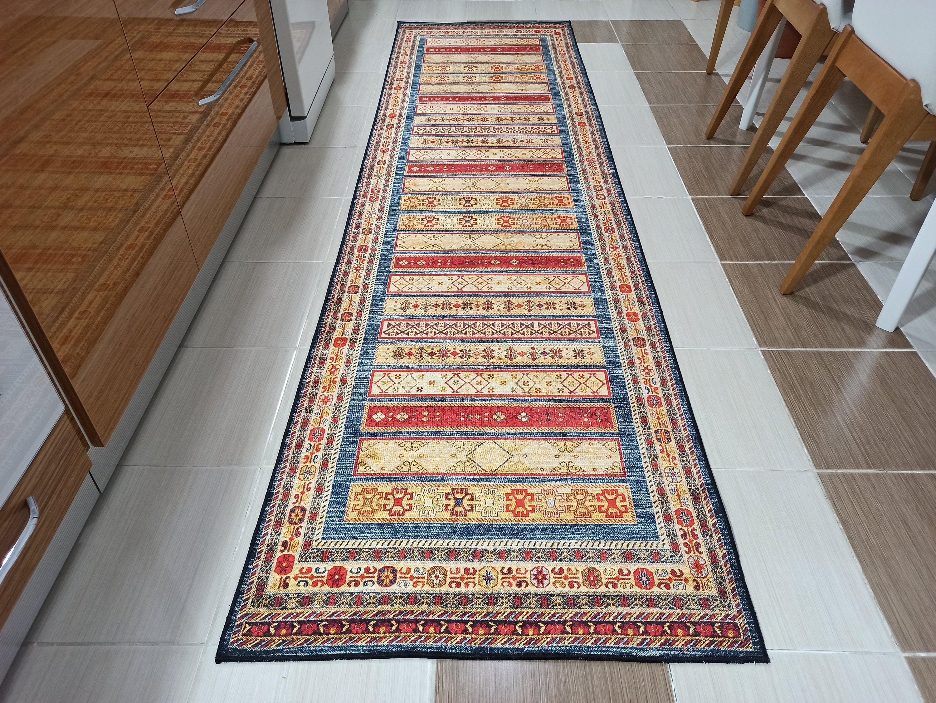 Tala Rug Beige Blue Coral Red Lined Rug