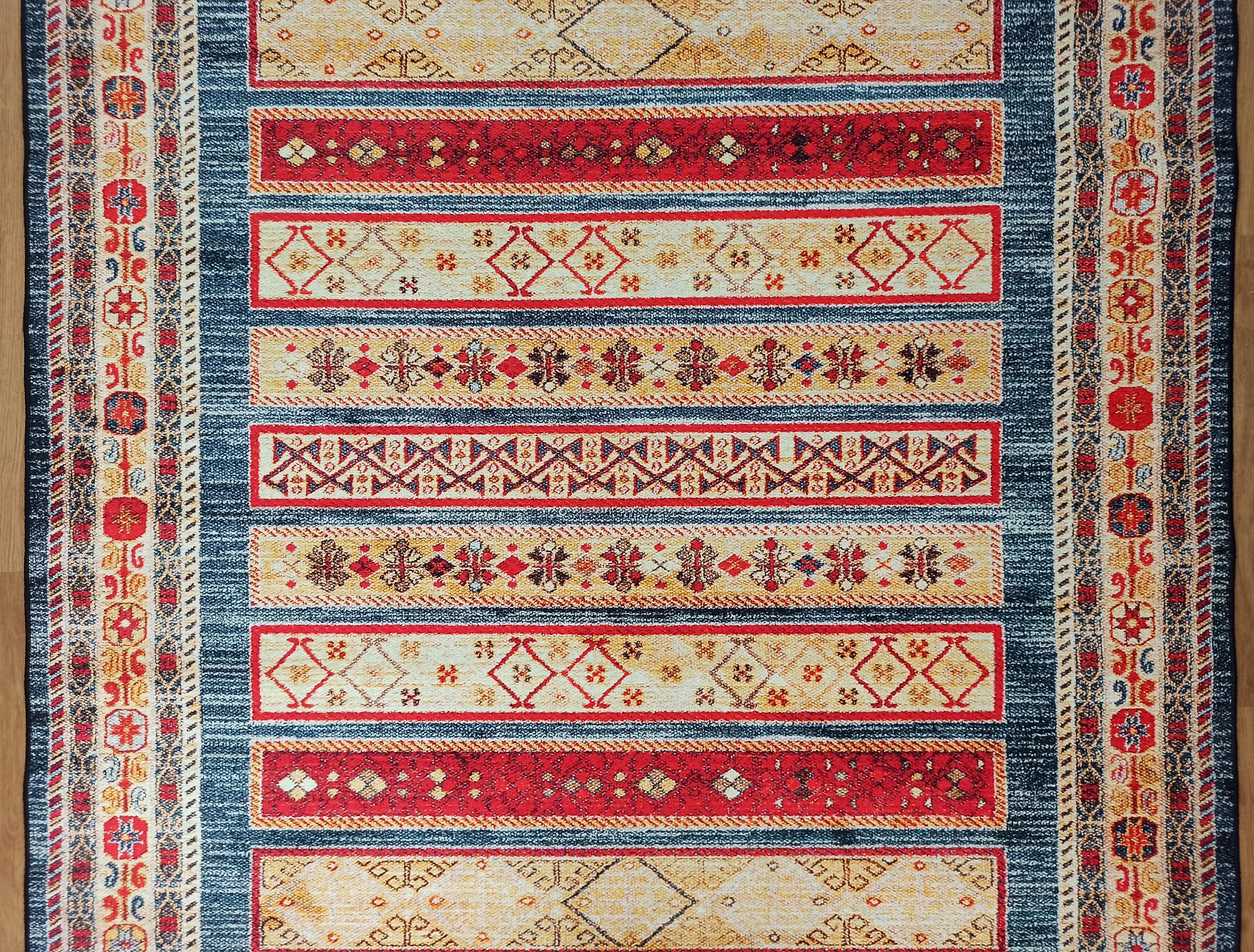 Tala Rug Beige Blue Coral Red Lined Rug