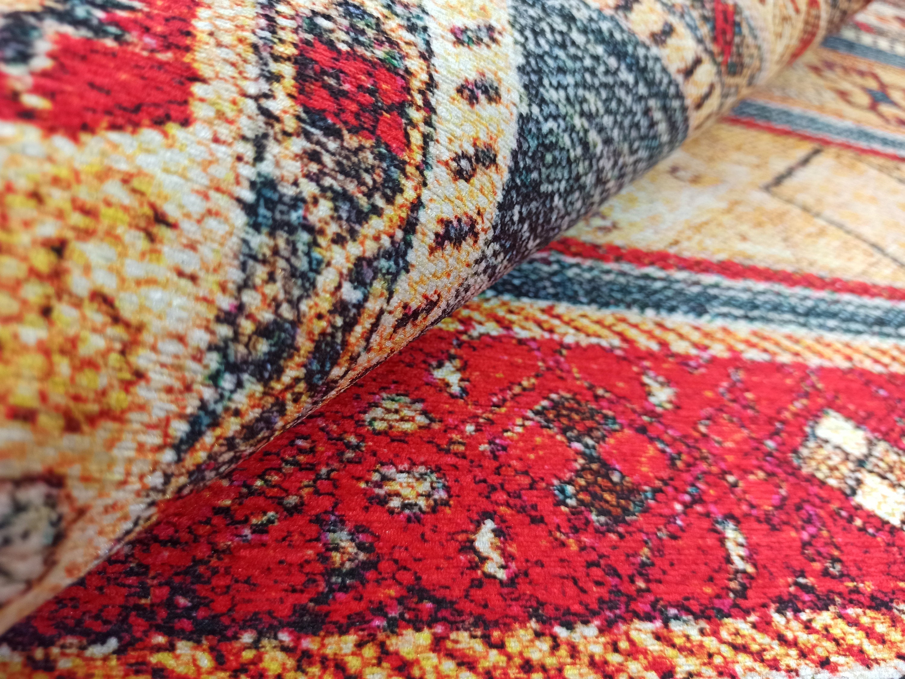 Tala Rug Beige Blue Coral Red Lined Rug