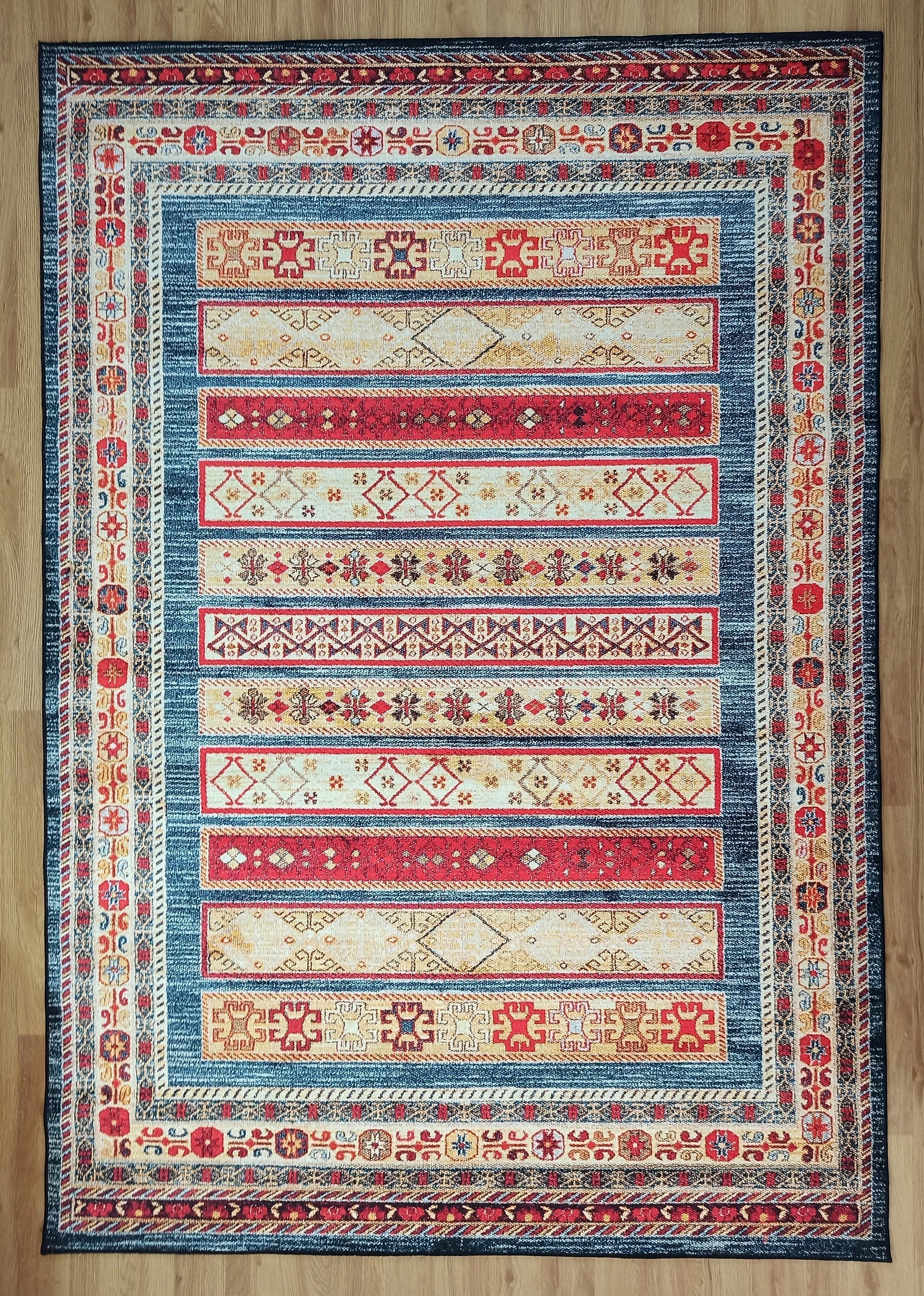 Tala Rug Beige Blue Coral Red Lined Rug