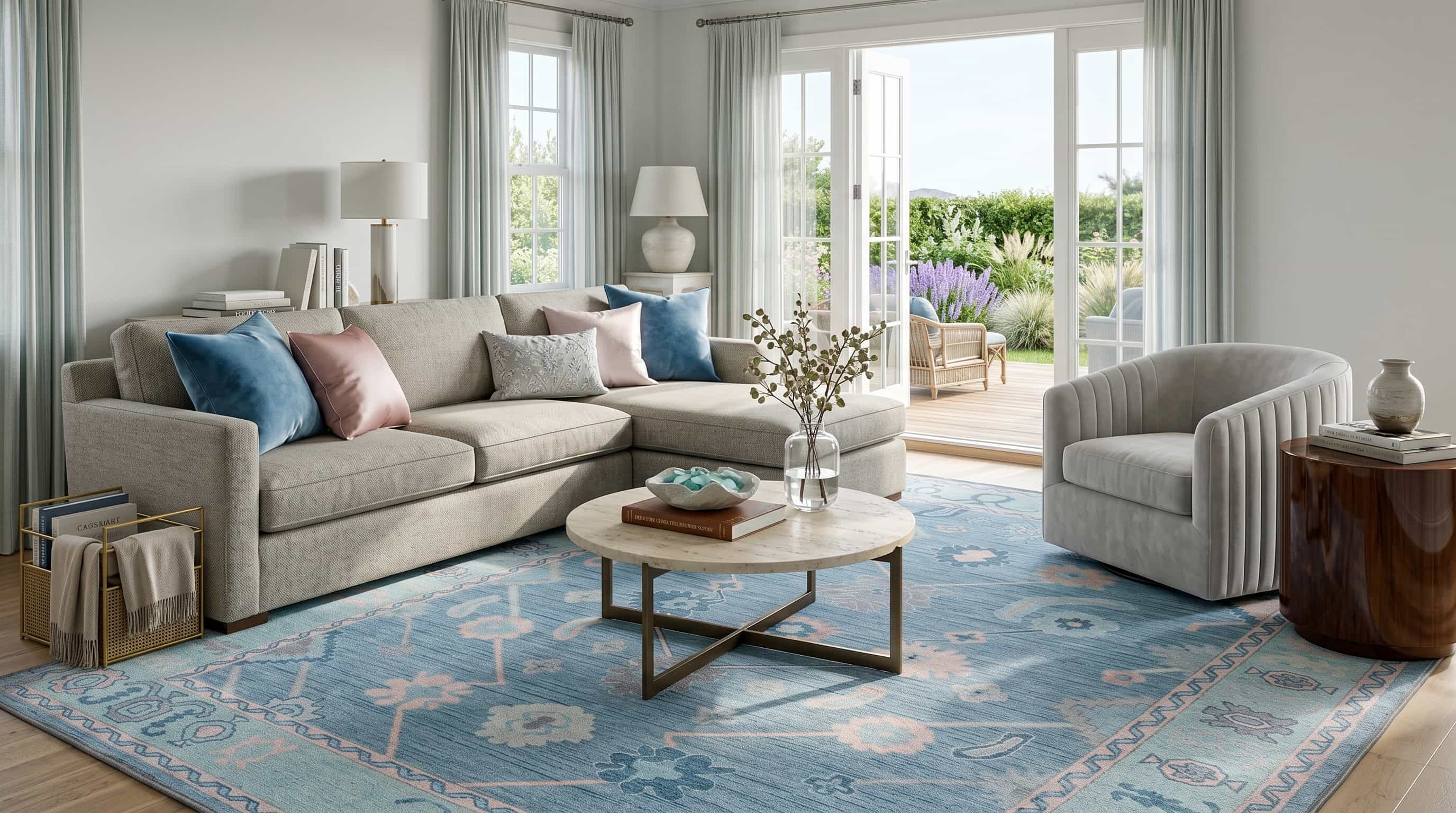 Modern living room with a sectional sofa, armchair, coffee table, and decorative elements. Fame Rugs.