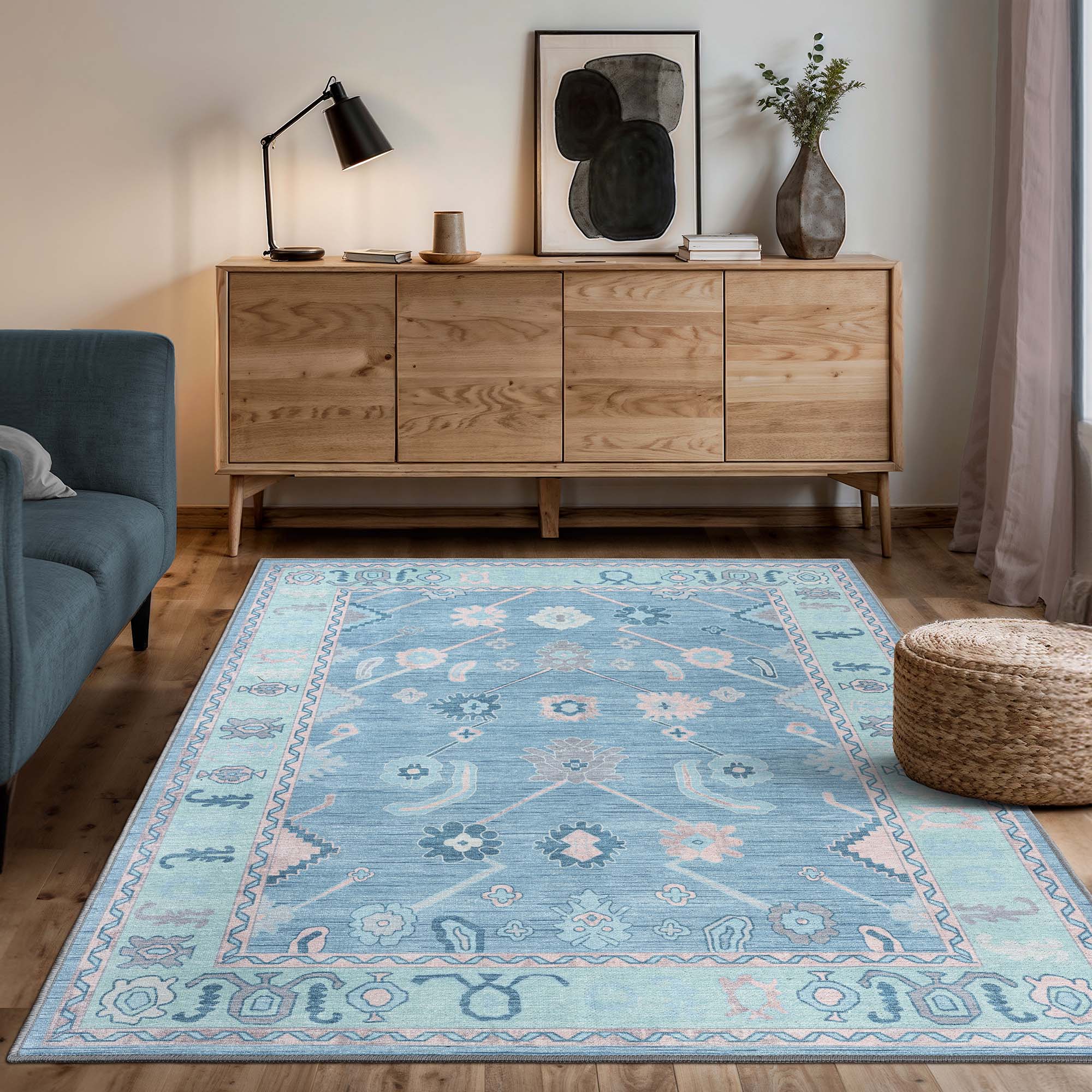 Teal Blue Oushak Area Washable Rug