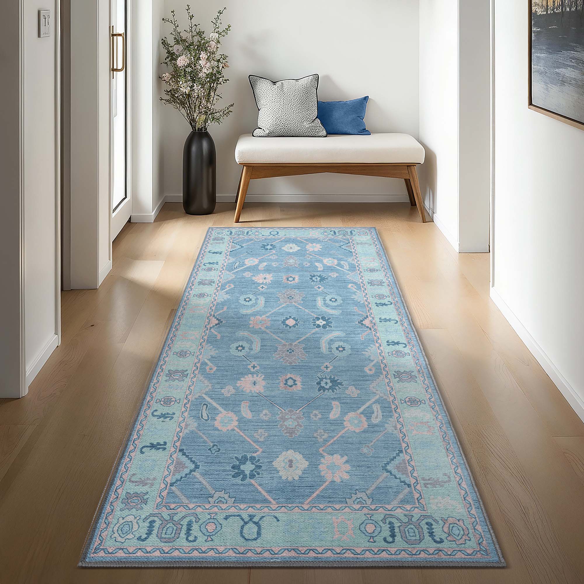 Teal Blue Oushak Area Washable Rug