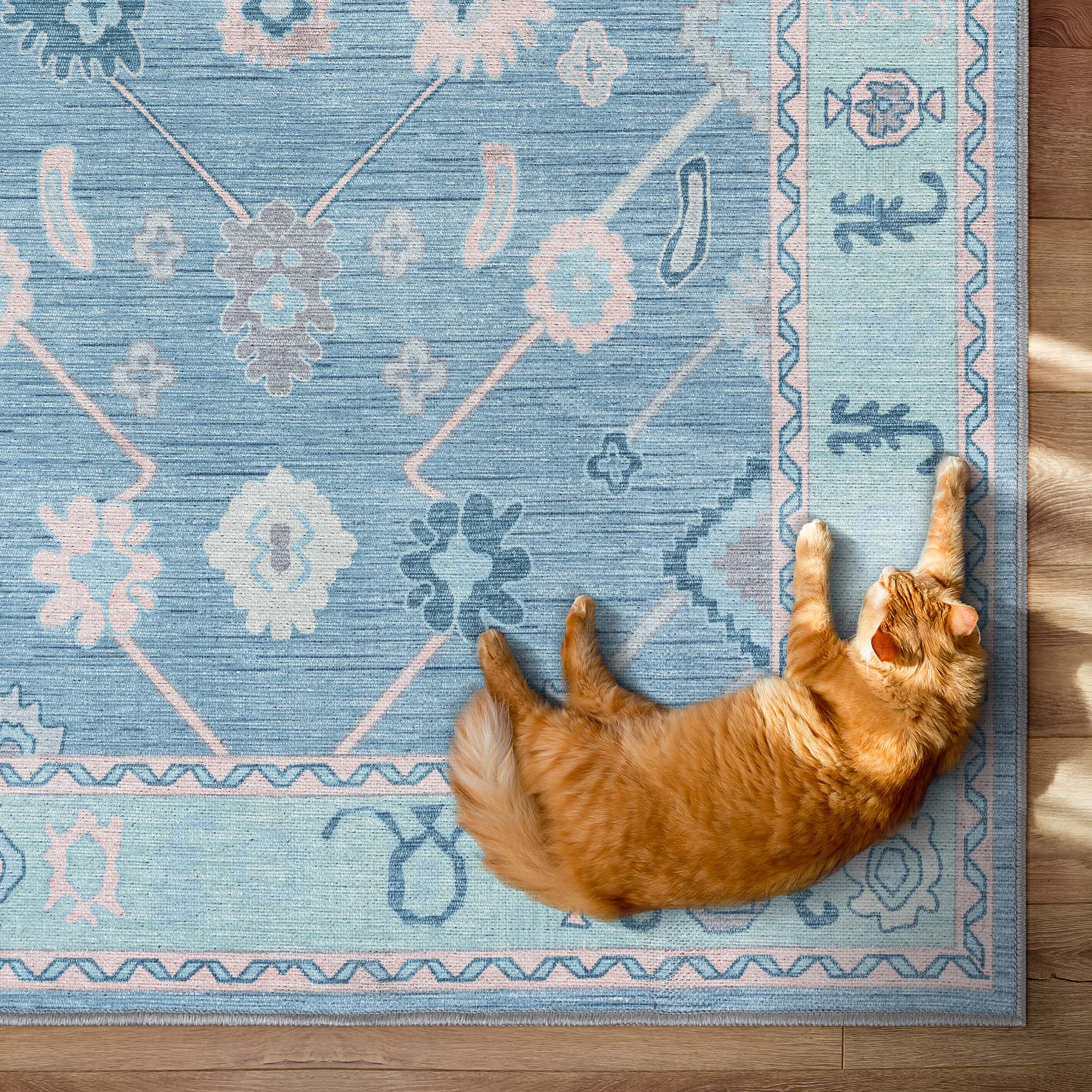 Teal Blue Oushak Area Washable Rug