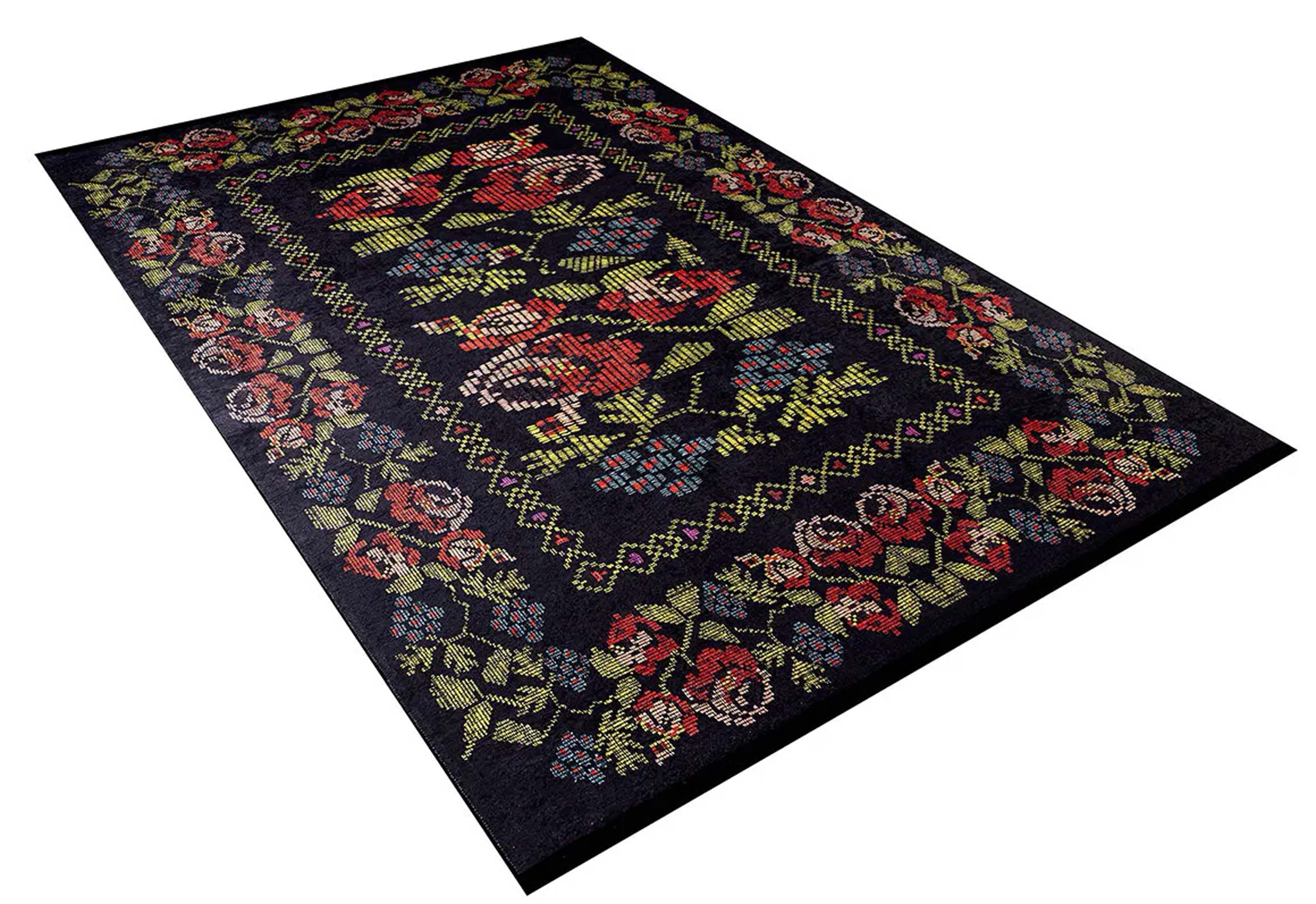 Tupia Rose Black Karabagh Floral Kilim Rug
