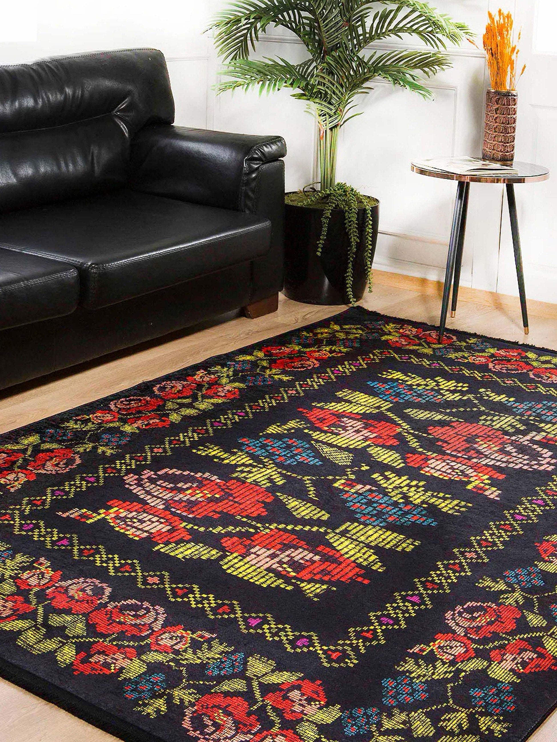 Tupia Rose Black Karabagh Floral Kilim Rug
