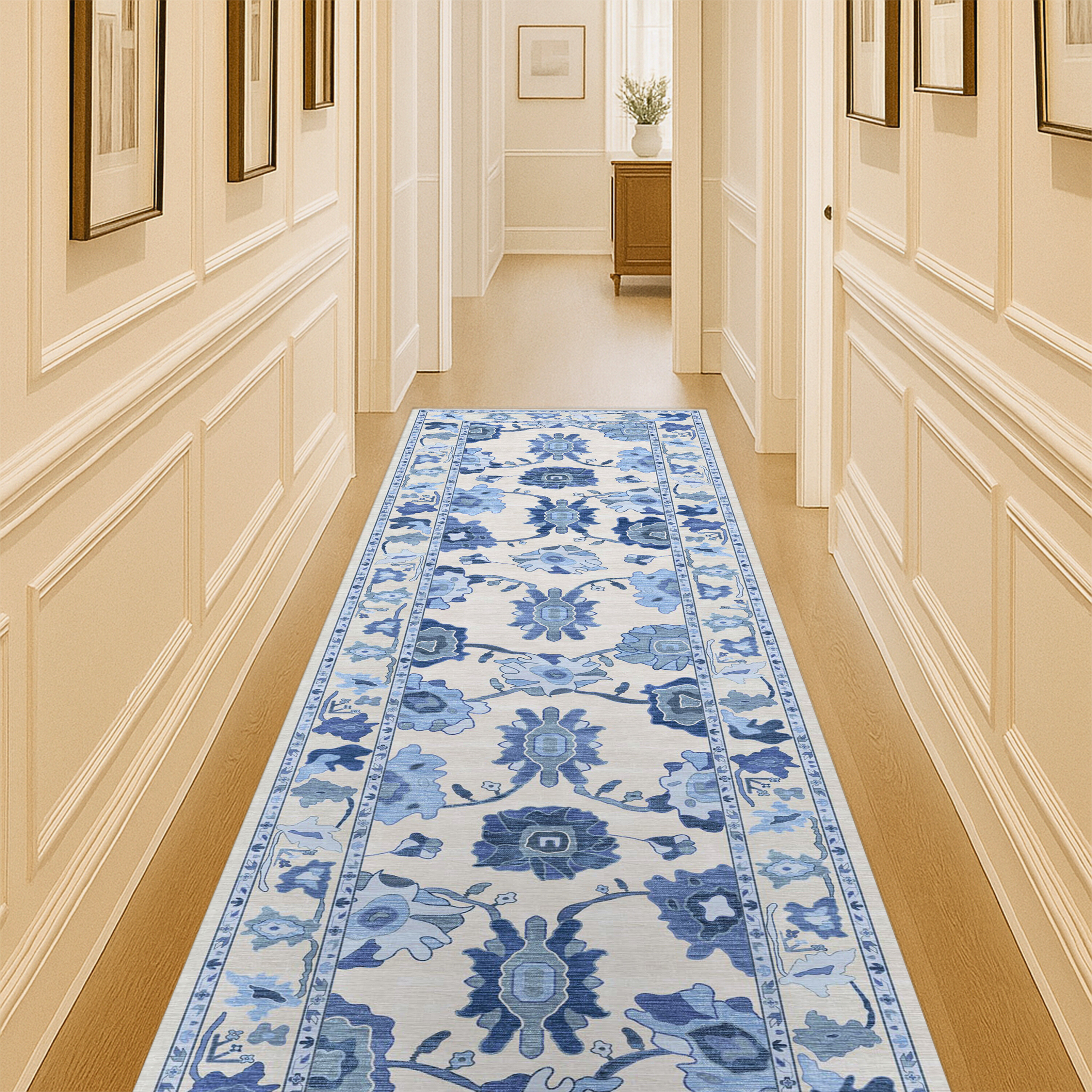 Ellis Navy Blue White Modern Floral Oushak Rug