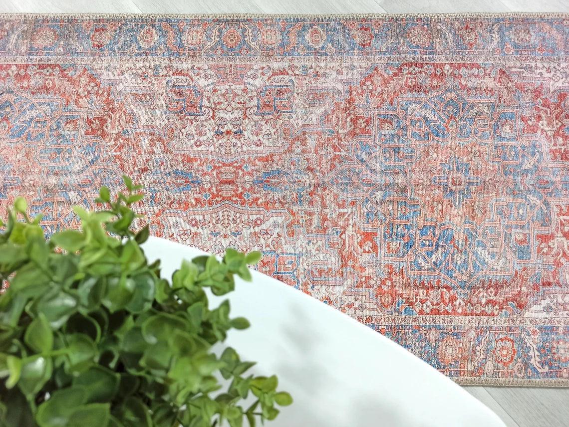 Valvia RugTurkish Terracotta Red Beige Sky Blue Rug