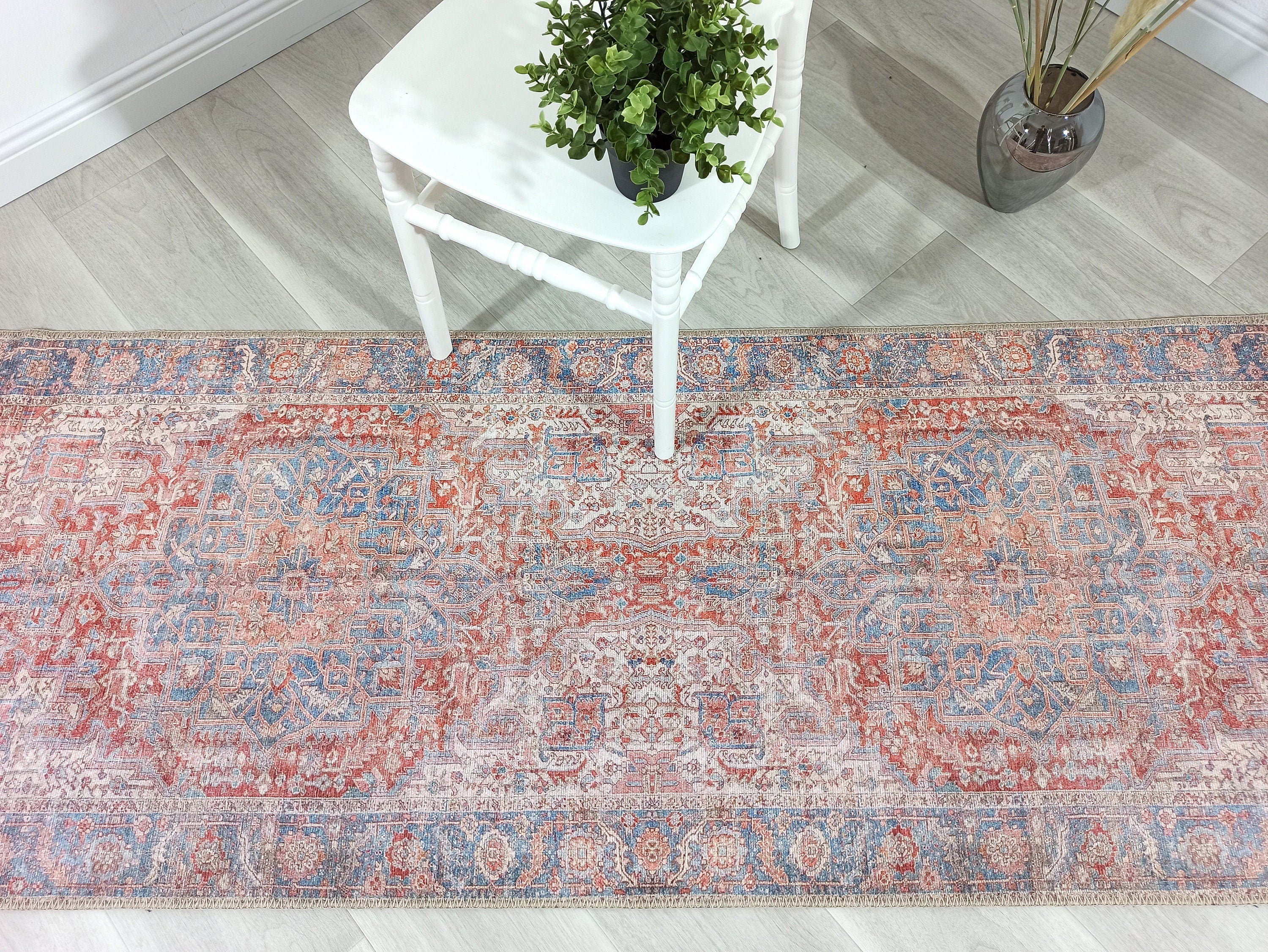 Valvia RugTurkish Terracotta Red Beige Sky Blue Rug
