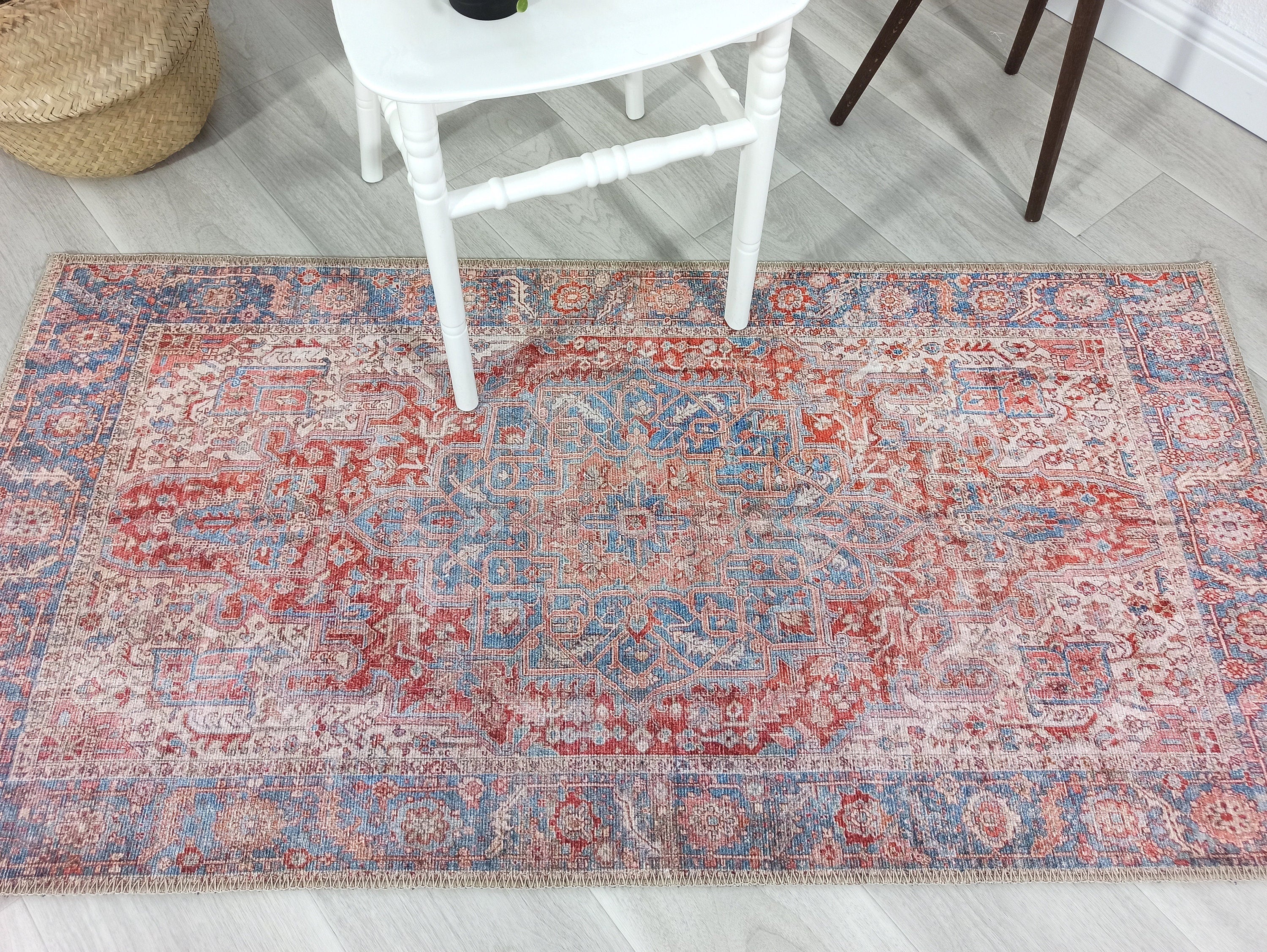 Valvia RugTurkish Terracotta Red Beige Sky Blue Rug