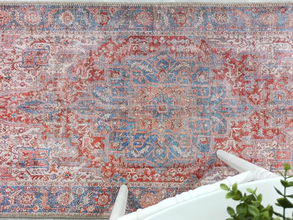 Valvia RugTurkish Terracotta Red Beige Sky Blue Rug